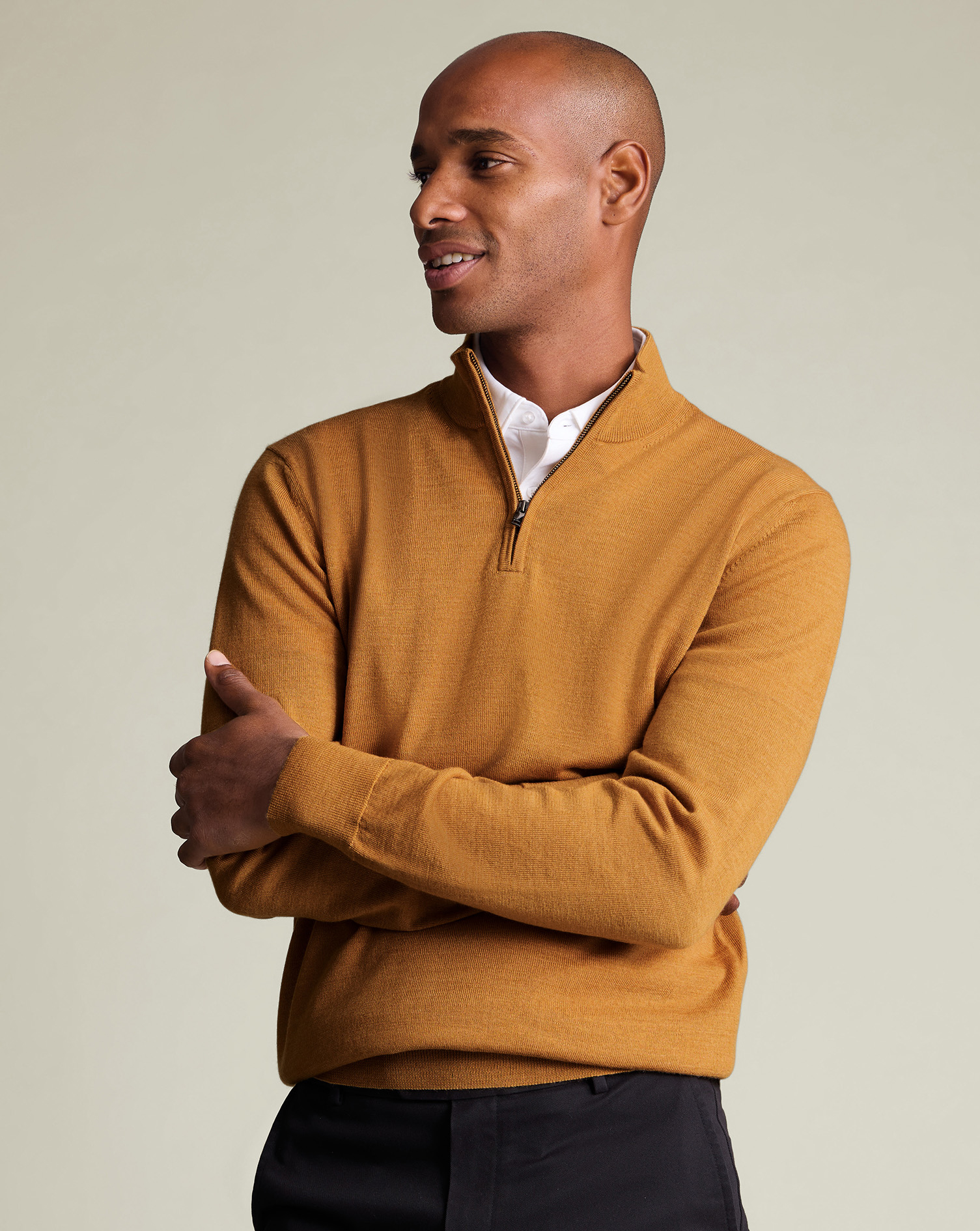 Charles Tyrwhitt Merino Zip Neck Long Sleeve Sweater In Yellow