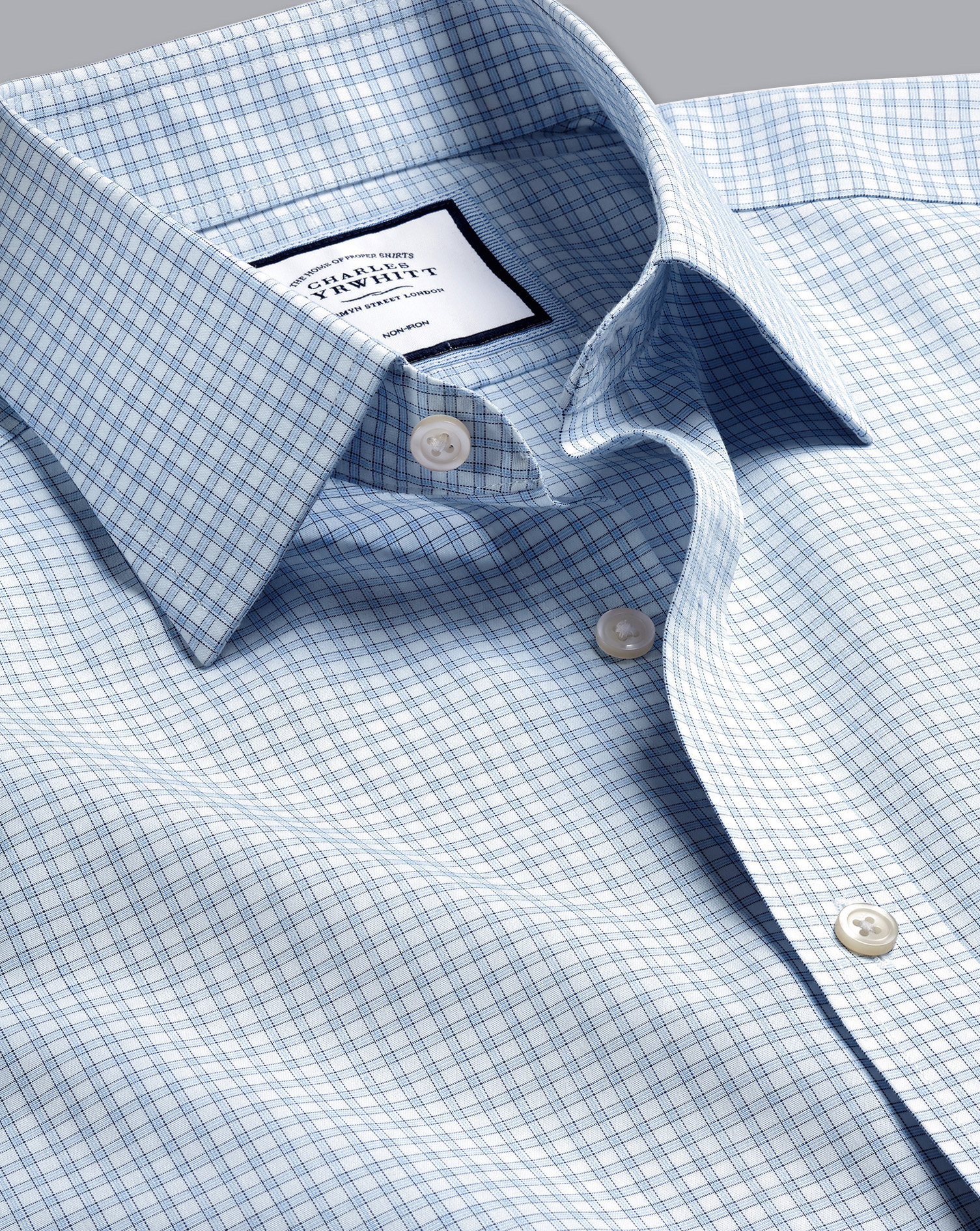 Non-Iron Poplin Fine Check Cotton Dress Shirt - Sky Blue Single Cuff Size XL
