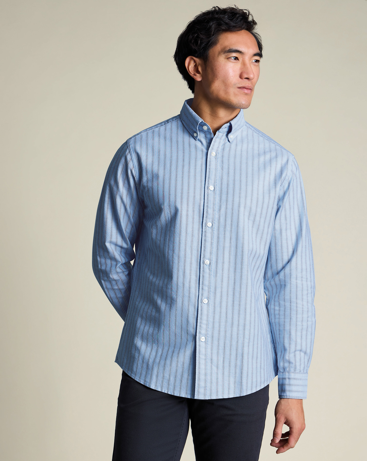 Button-Down Stretch Washed Oxford Stripe Shirt – Blue