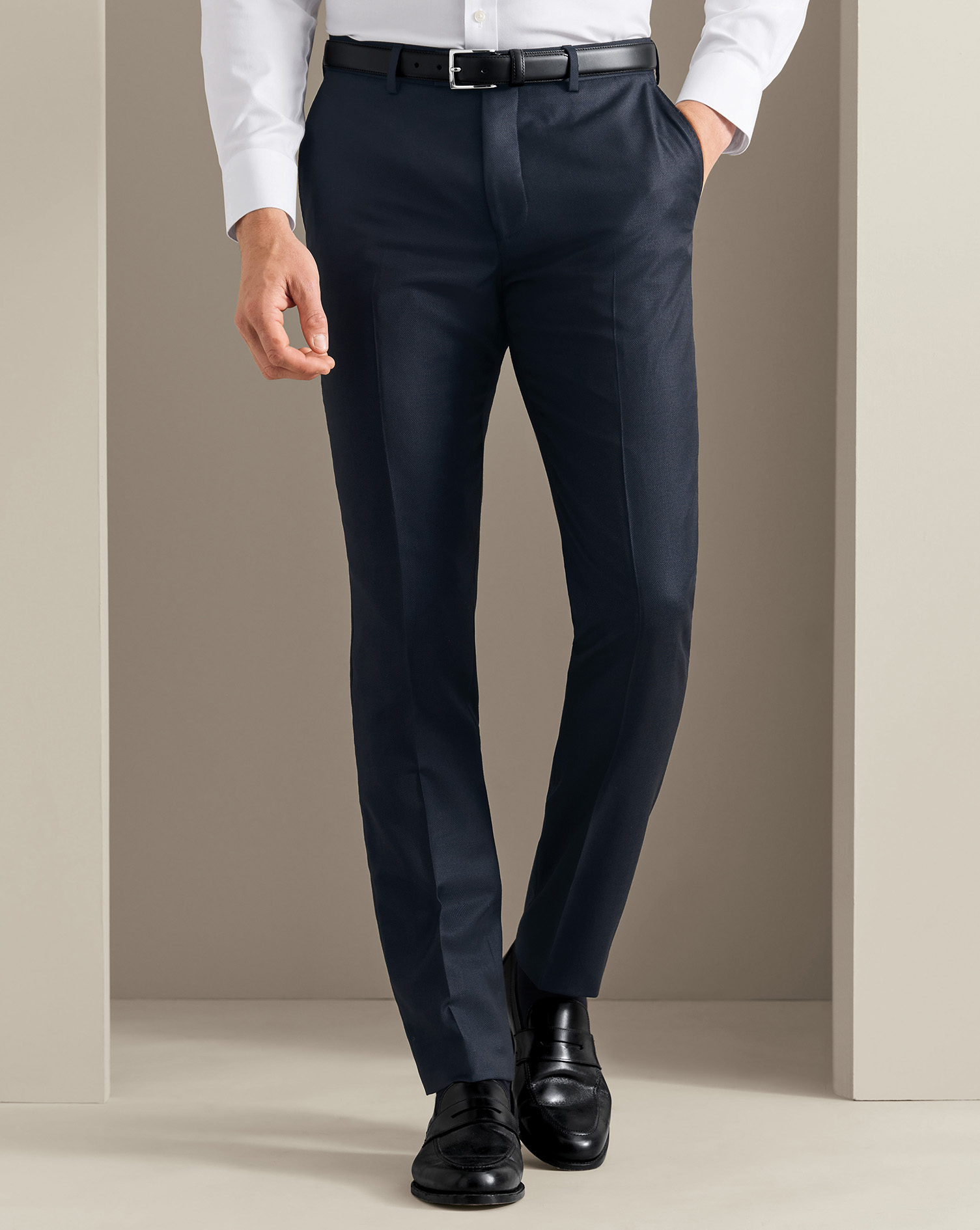 Men's Charles Tyrwhitt Italian Luxury Birdseye Suit Trousers - Navy Blue Size 36/34 Wool