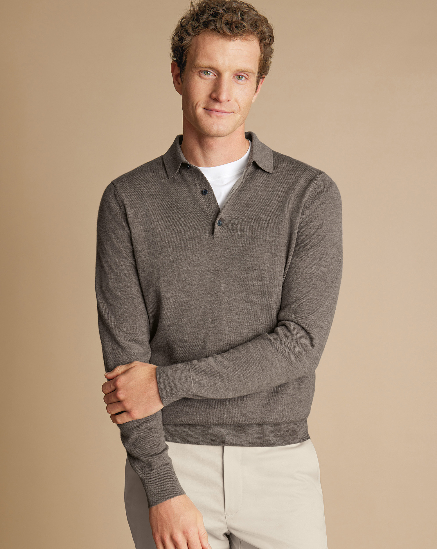 Men's Charles Tyrwhitt Polo Shirt Sweater - Mocha Brown Size Medium Merino
