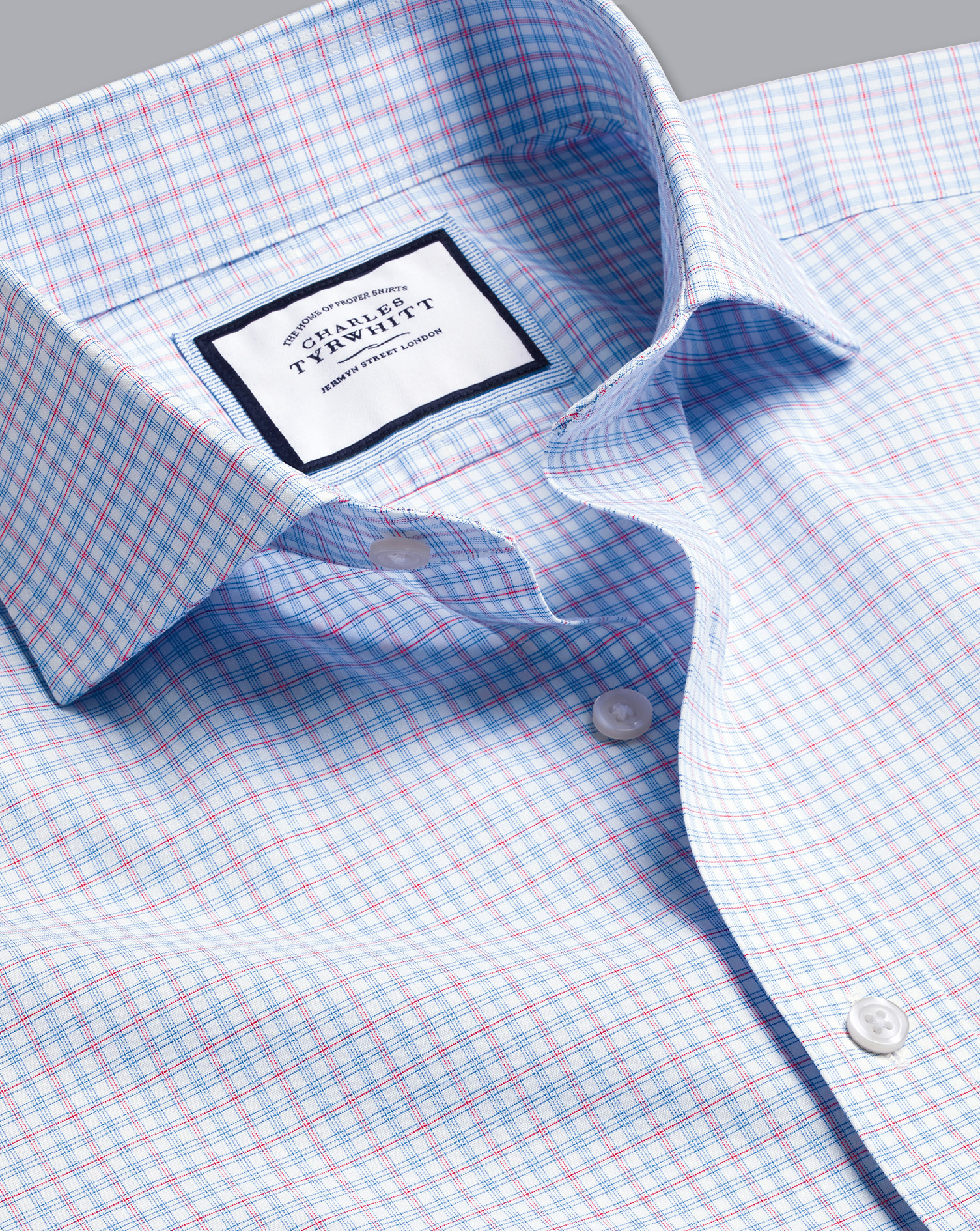 Men's Charles Tyrwhitt Cutaway Collar Non-Iron Check Dress Shirt - Bright Pink Single Cuff Blue Pink