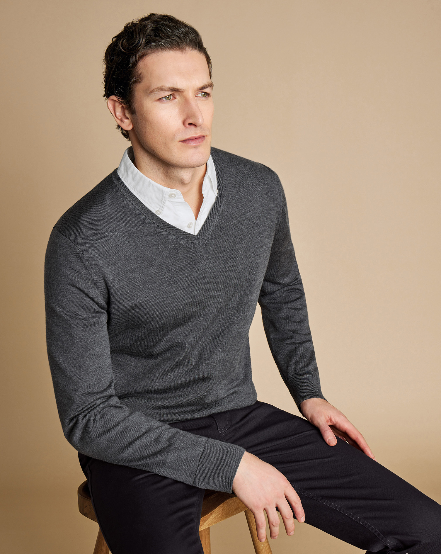 Men's Charles Tyrwhitt Merino V-Neck Sweater - Grey Size Medium Wool
