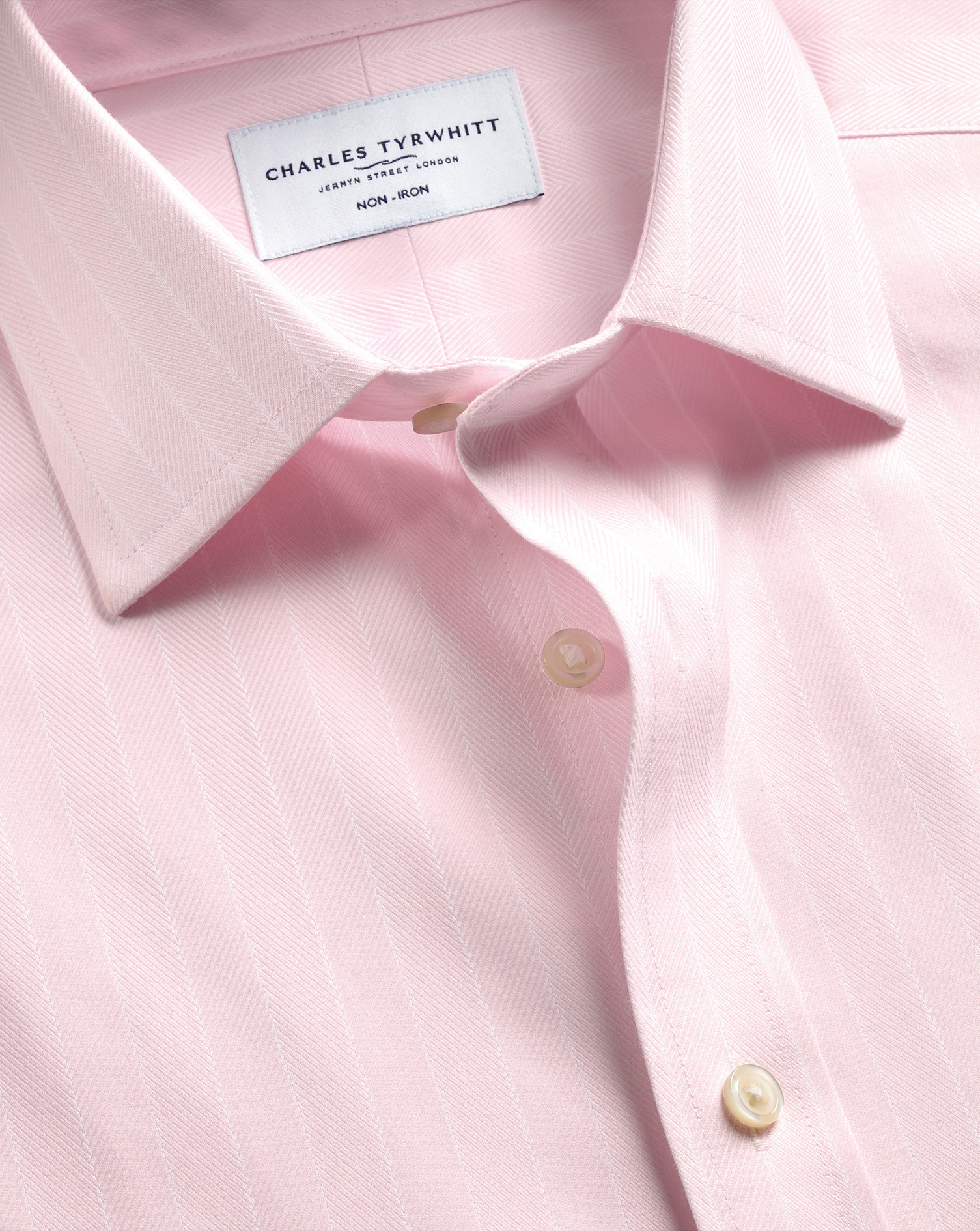 Men's Charles Tyrwhitt Non-Iron Herringbone Stripe Shirt â Light Pink Single Cuff Size 15.5/35 Cotton