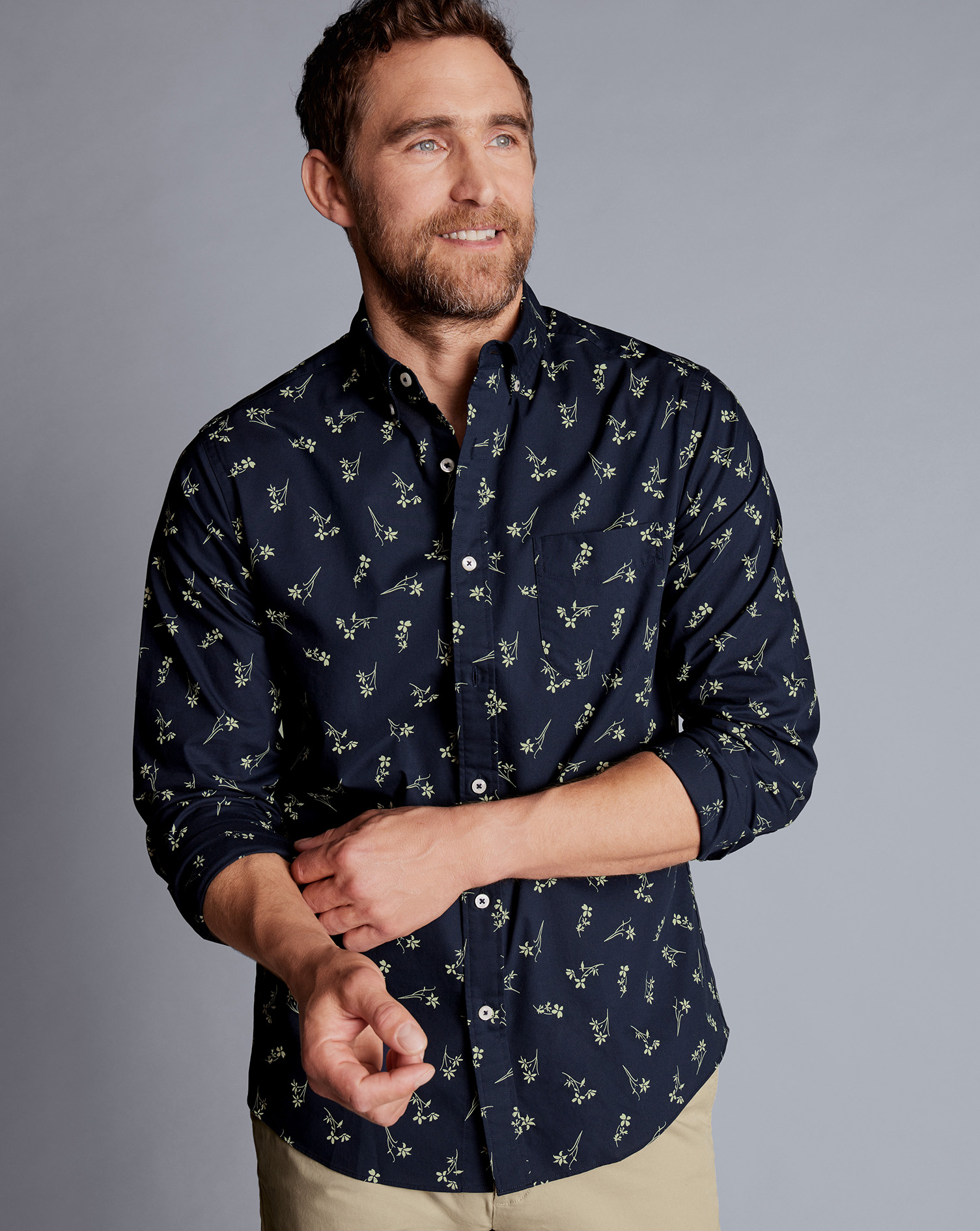 Men's Charles Tyrwhitt Button-Down Collar Non-Iron Floral Print Casual Shirt - Stone Neutral Size Me