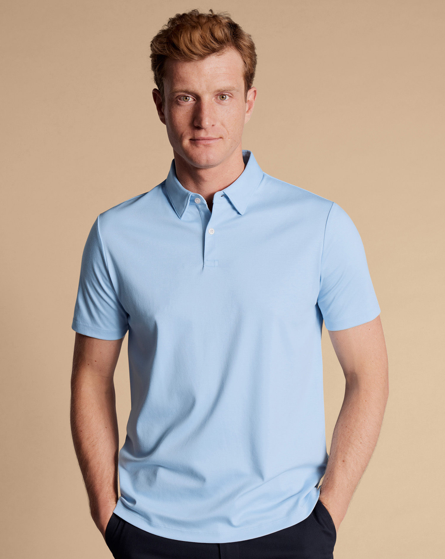 Men's Charles Tyrwhitt Smart Jersey Polo Shirt - Sky Blue Size XXL Cotton

