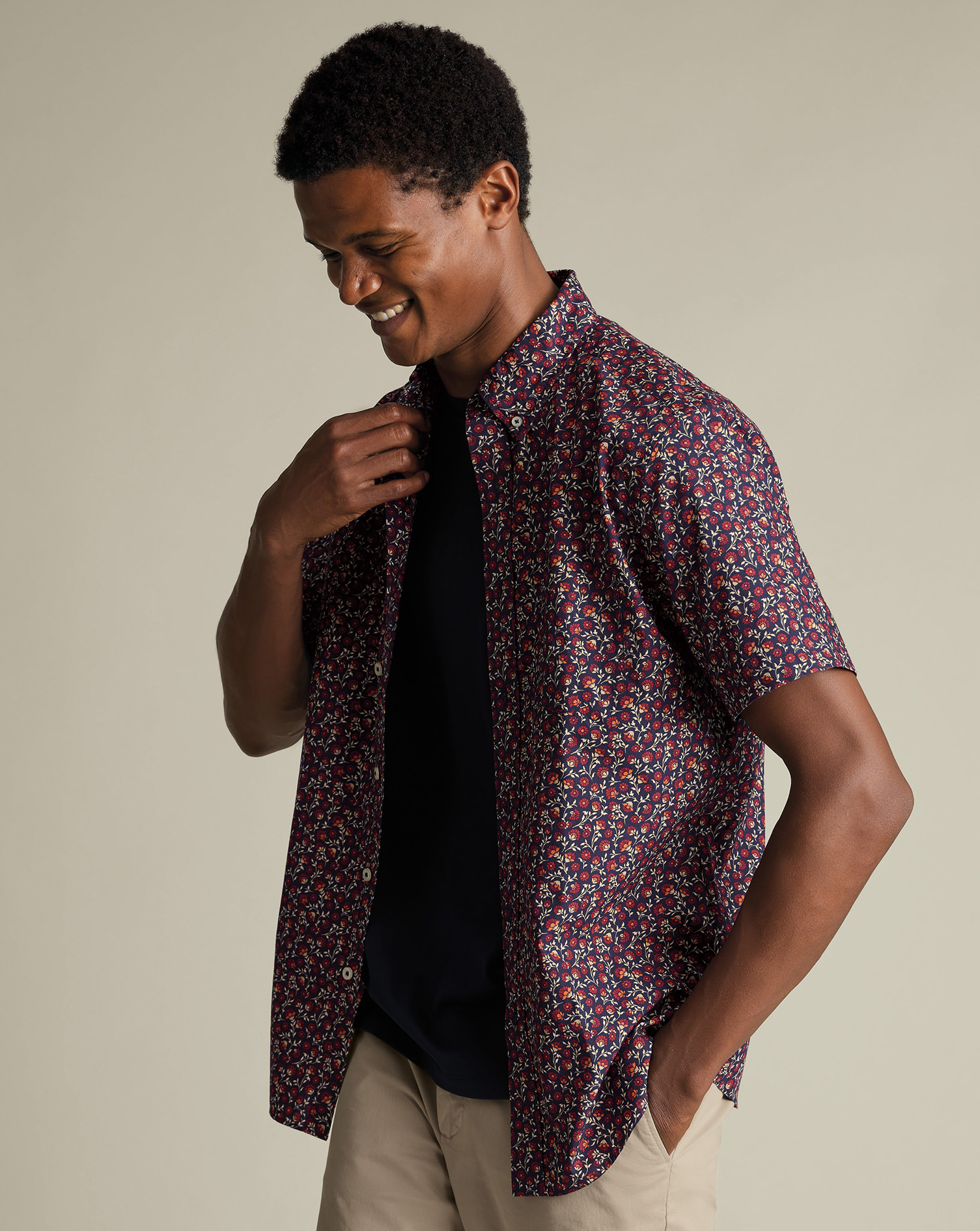 Short Sleeve Stretch Washed Poplin Floral Shirt - Red
