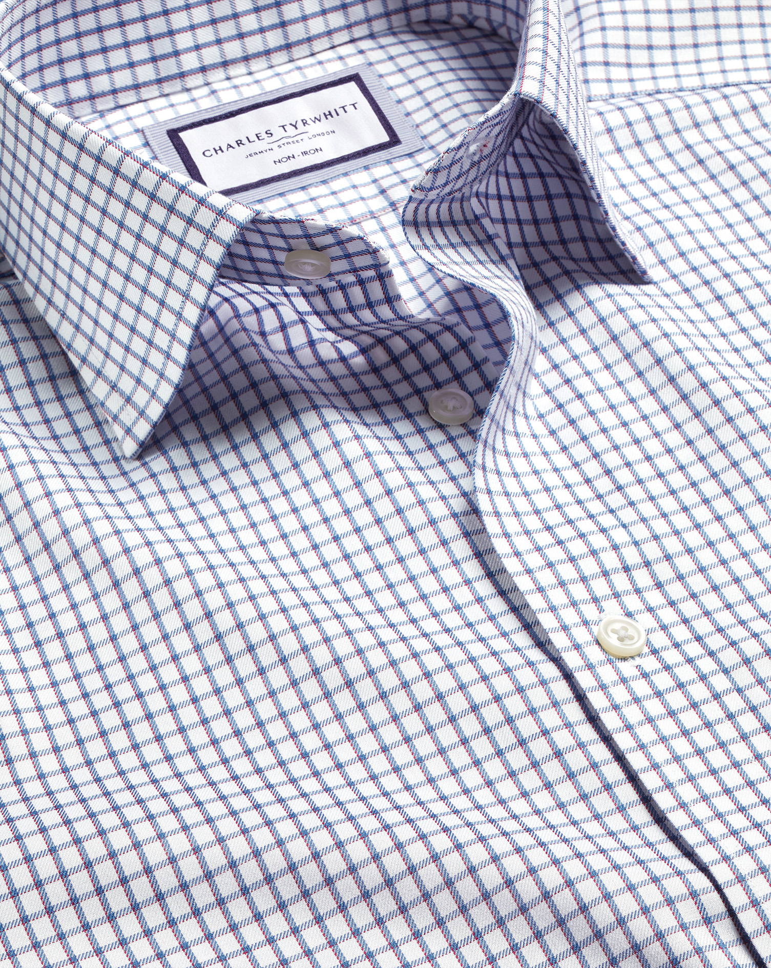 Men's Charles Tyrwhitt Non-Iron Two Colour Check Dress Shirt - Indigo Blue Single Cuff Size Small Co