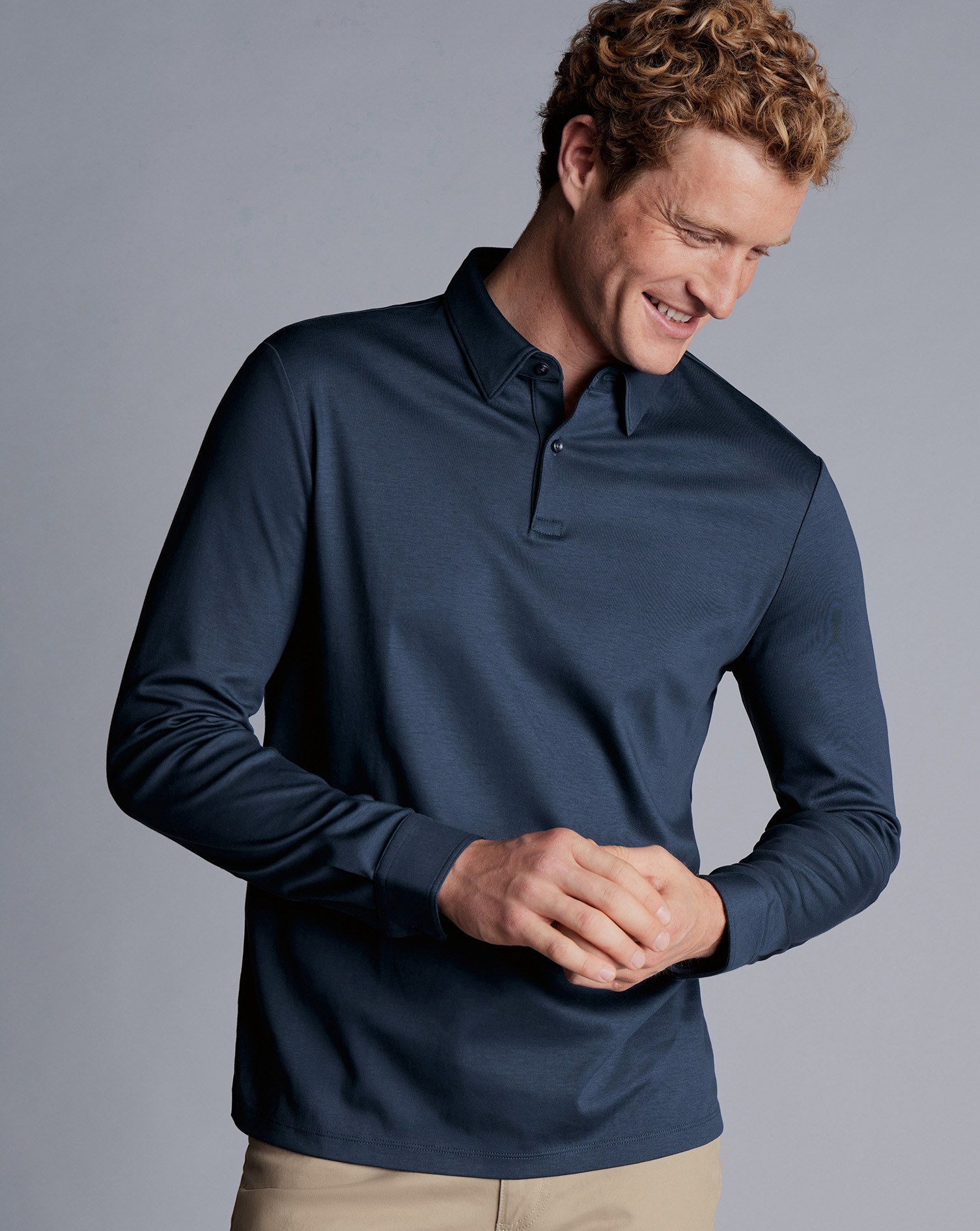 Men's Charles Tyrwhitt Smart Long Sleeve Jersey Polo Shirt - Petrol Blue Size Medium Cotton
