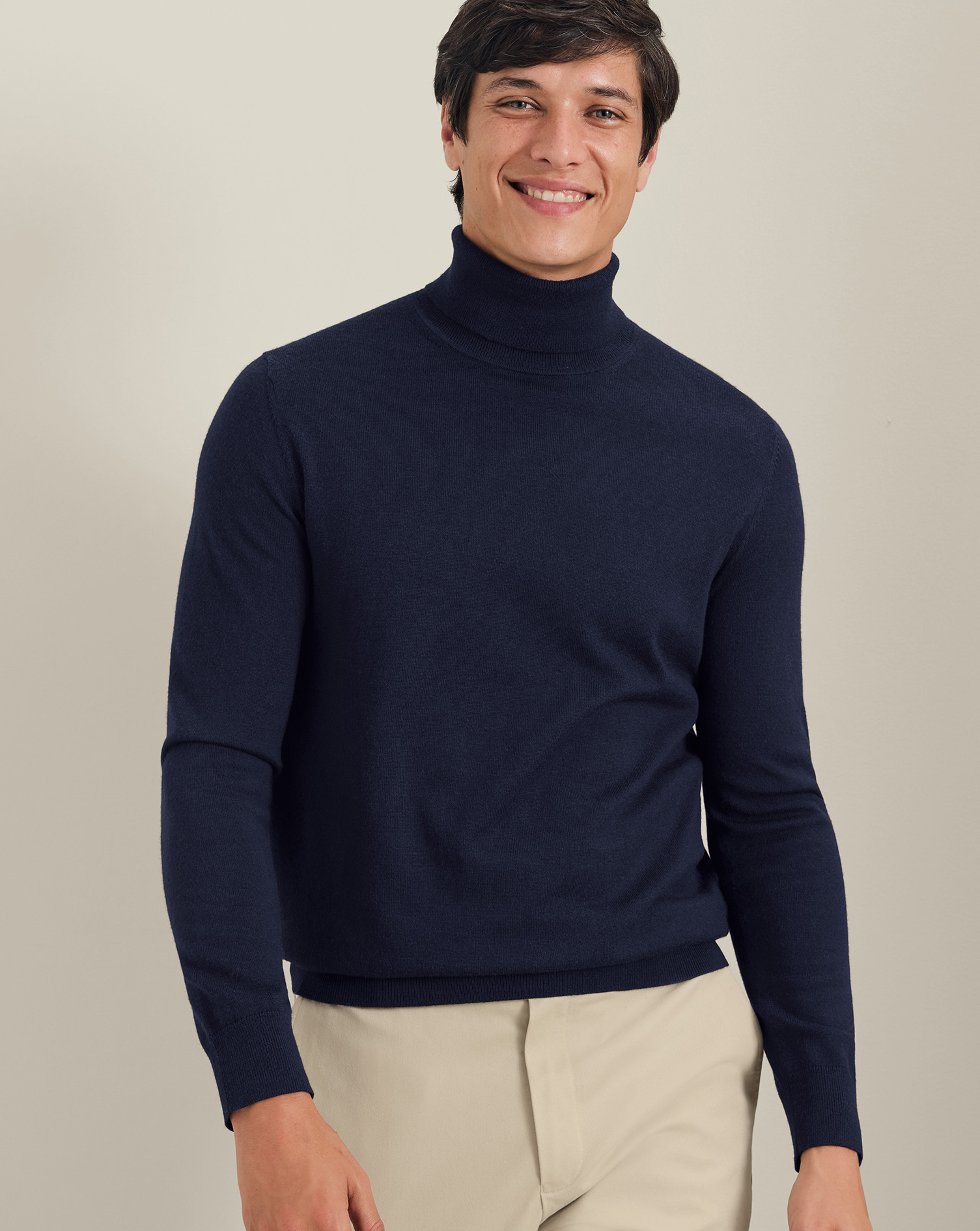 Men's Pure Merino Roll Neck Wool Jumper - Navy, Large by Charles Tyrwhitt