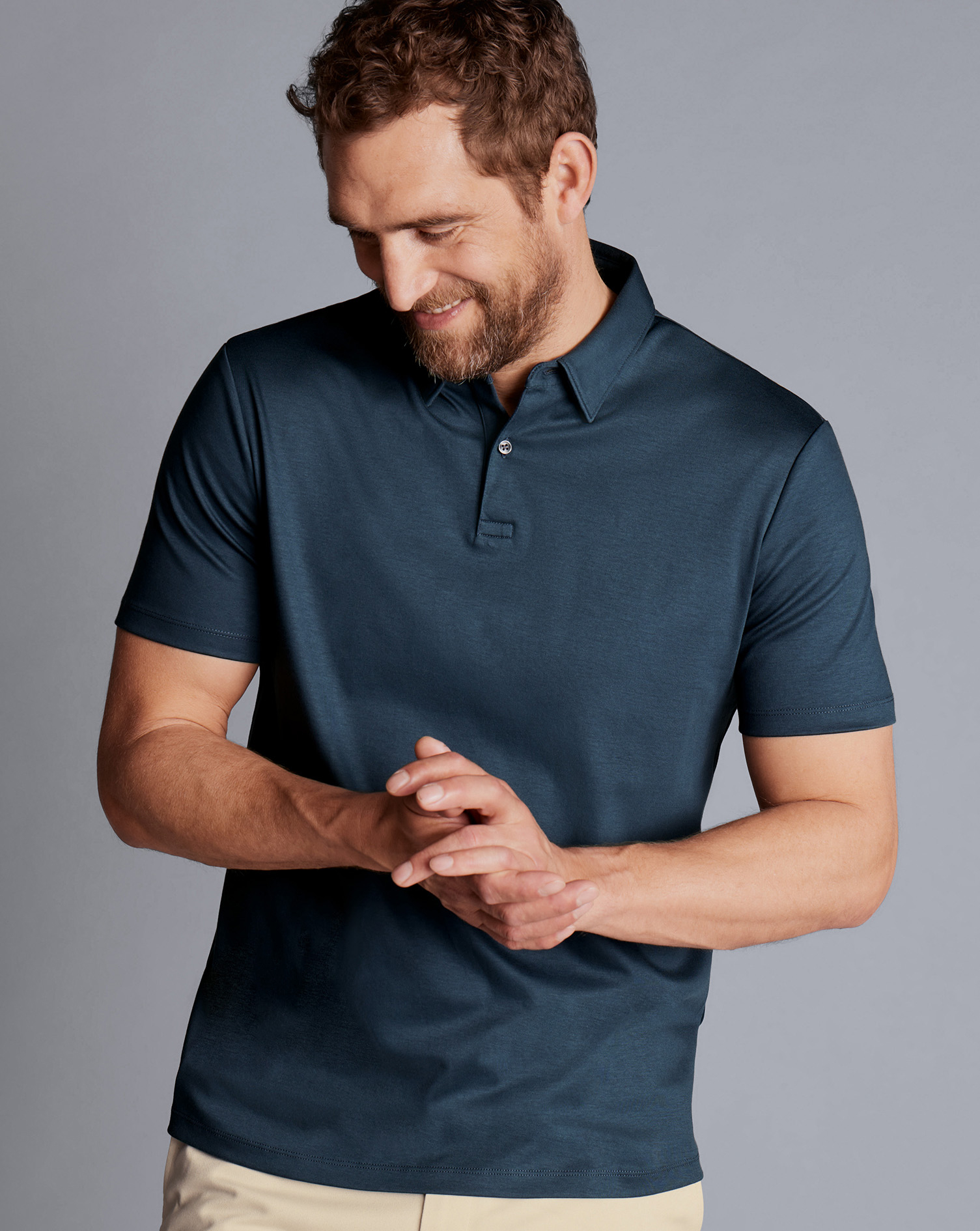 Men's Charles Tyrwhitt Smart Jersey Polo Shirt - Petrol Blue Size XXL Cotton
