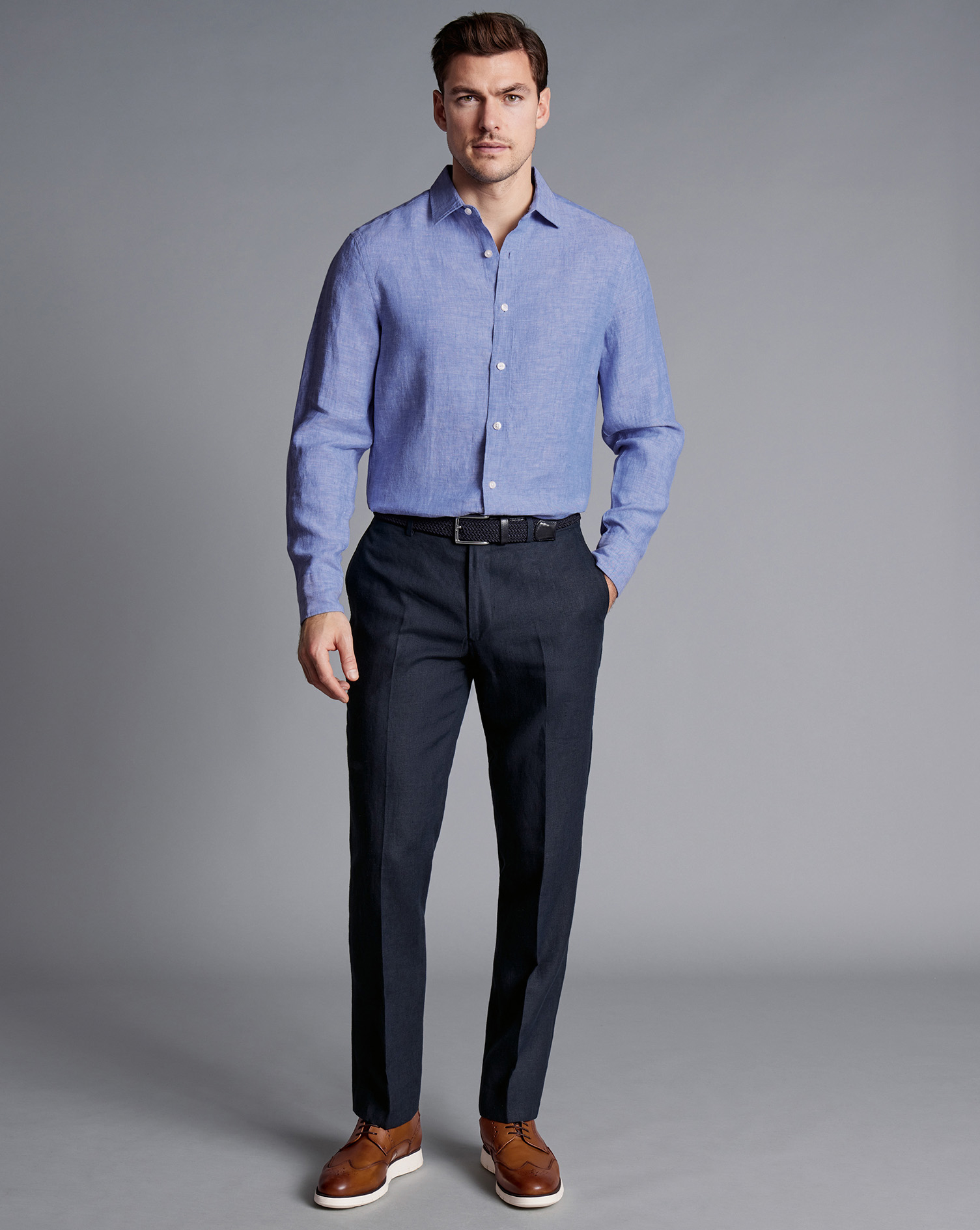 Men's Charles Tyrwhitt Trousers - Dark Navy Blue Size W42 L34 Linen
