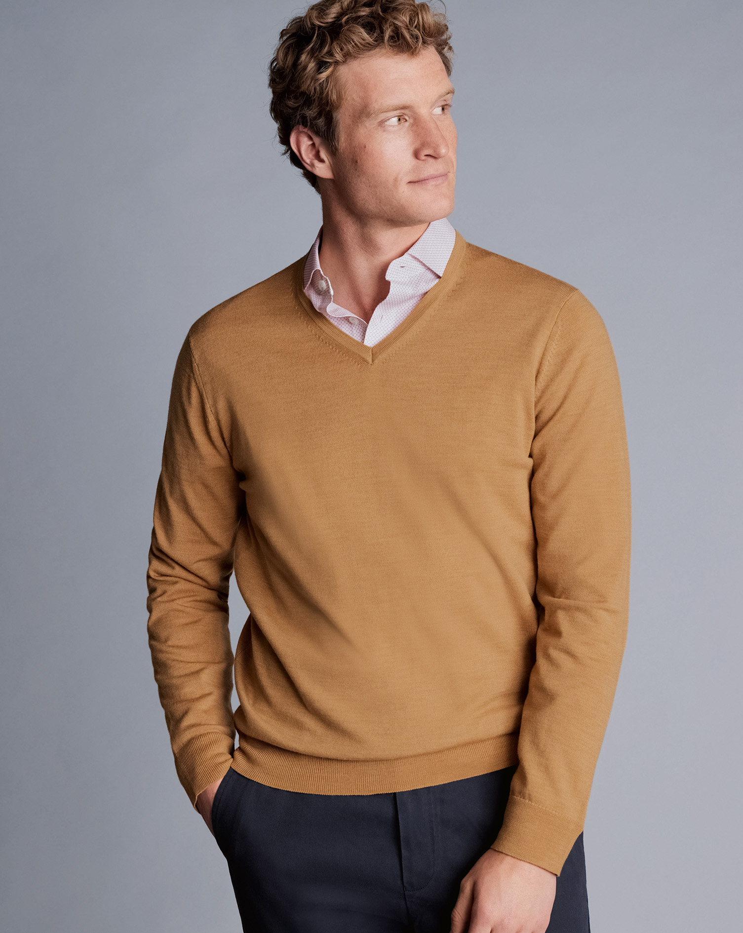 Men's Charles Tyrwhitt Merino V-Neck Sweater - Gold Brown Size Small Wool
