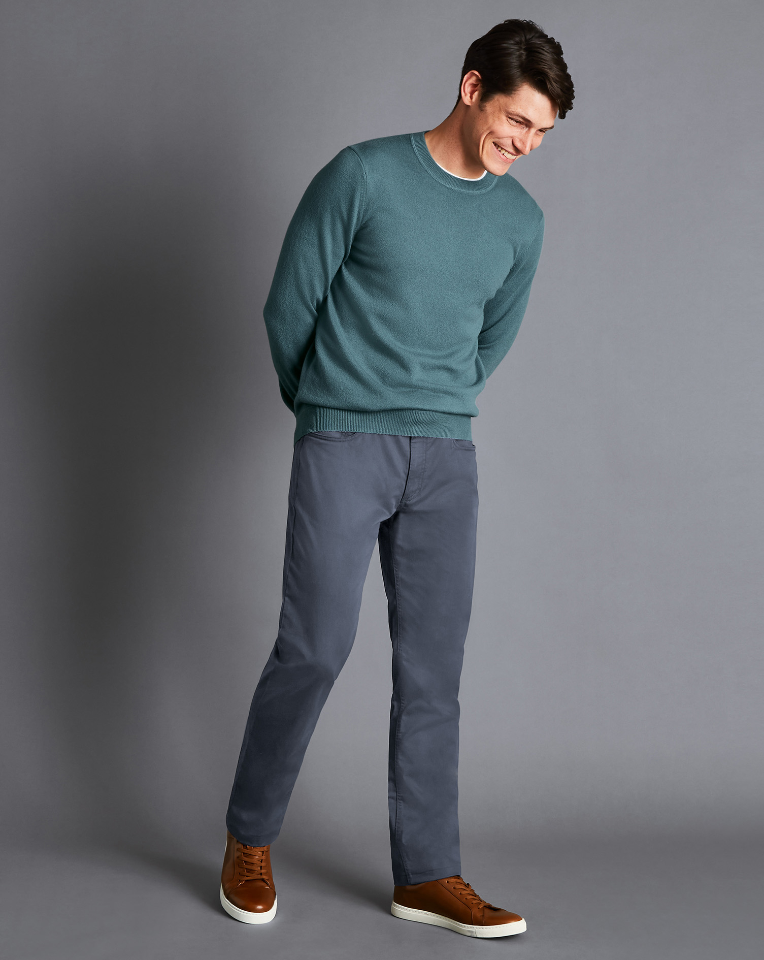 Men's Charles Tyrwhitt Textured Washed 5-Pocket Trousers - Denim Blue Size W40 L30 Cotton
