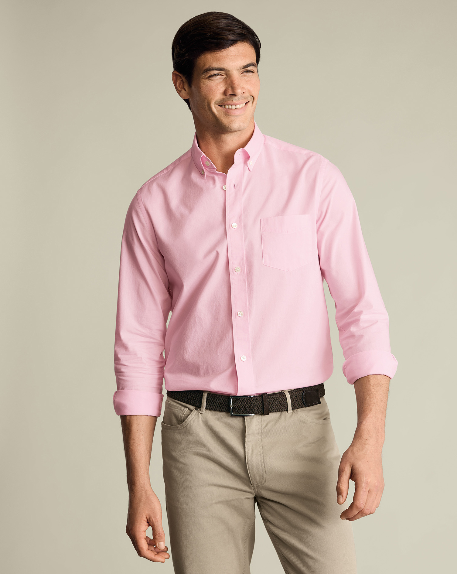Men's Charles Tyrwhitt Button-Down Stretch Washed Poplin Shirt â Pink Size Large Cotton