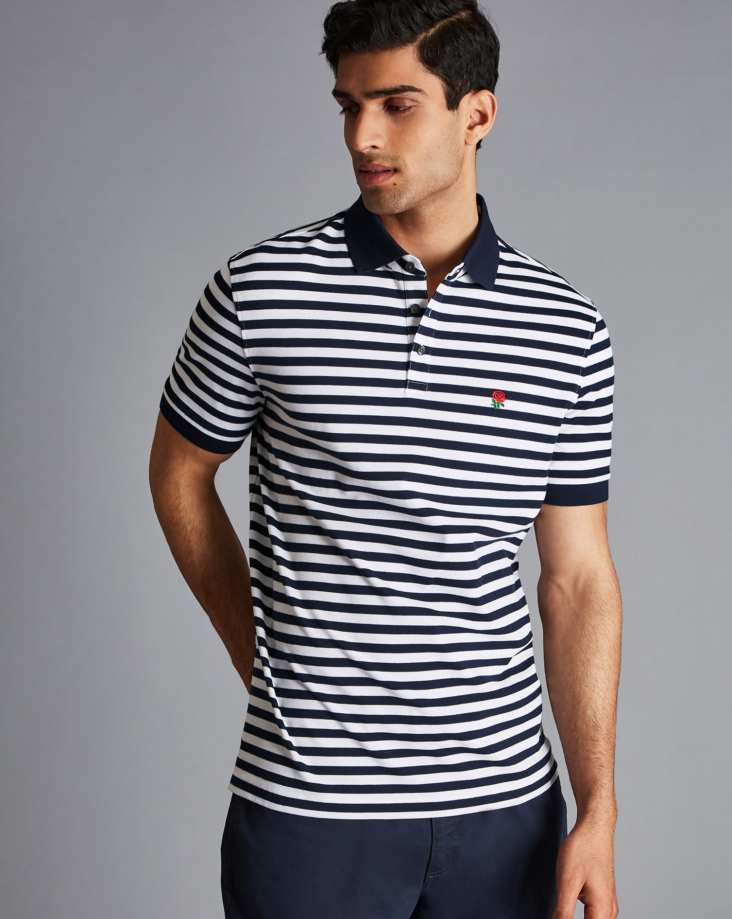 Men's Charles Tyrwhitt England Rugby Stripe Pique Polo Shirt - Navy & White Blue Size Medium Cotton

