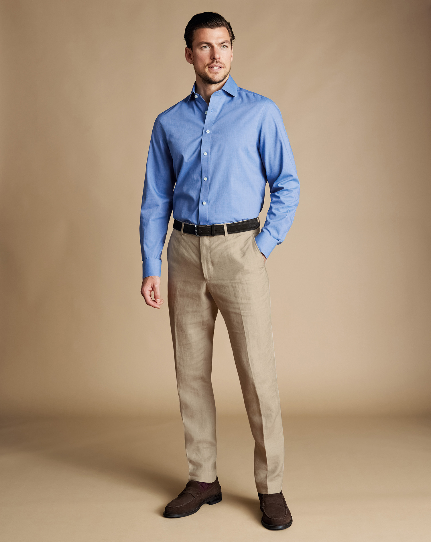 Men's Charles Tyrwhitt Trousers - Taupe Neutral Size W32 L34 Linen

