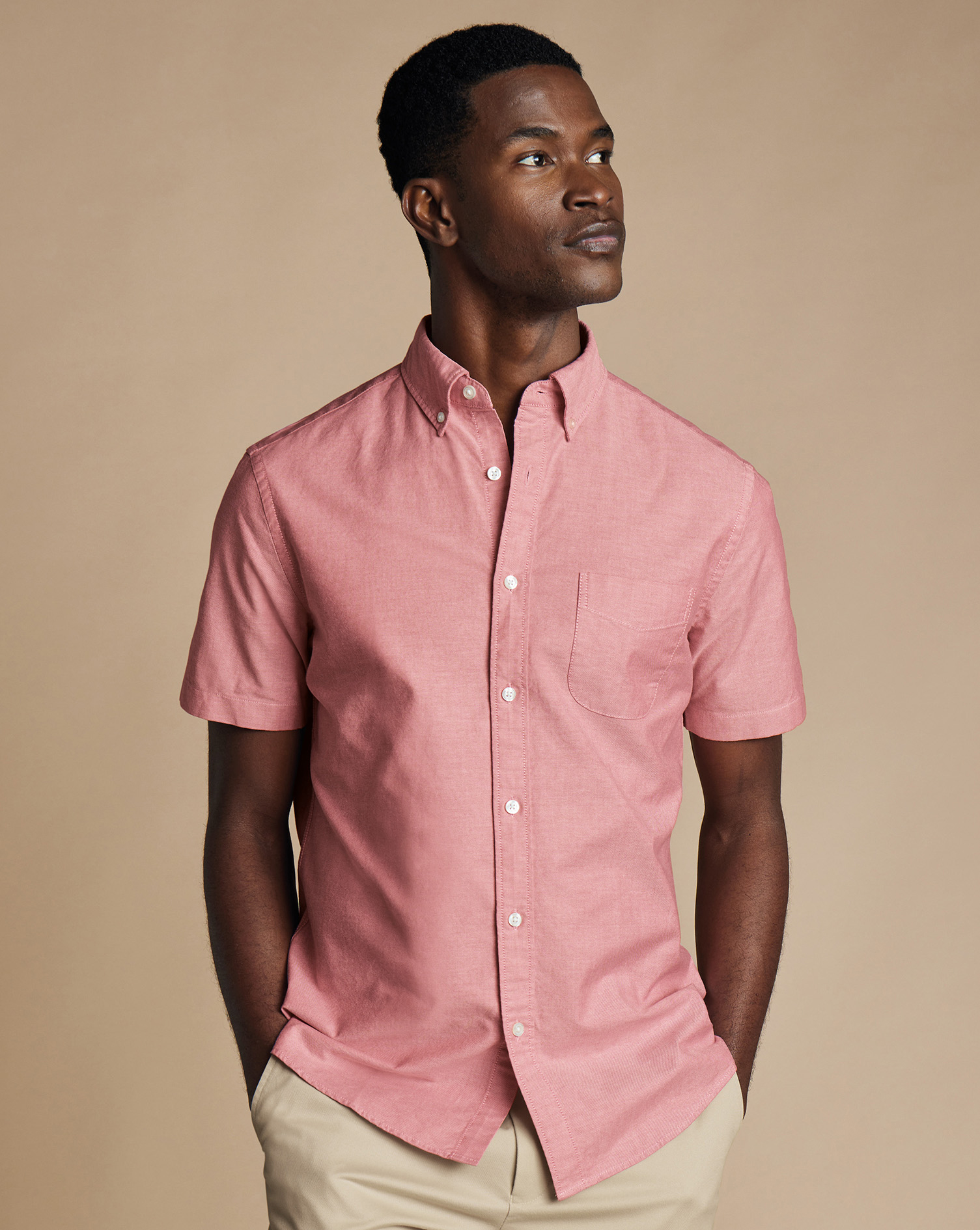 Shop Charles Tyrwhitt Men's  Button-down Collar Stretch Washed Oxford Short Sleeve Casual Shirt In Pink