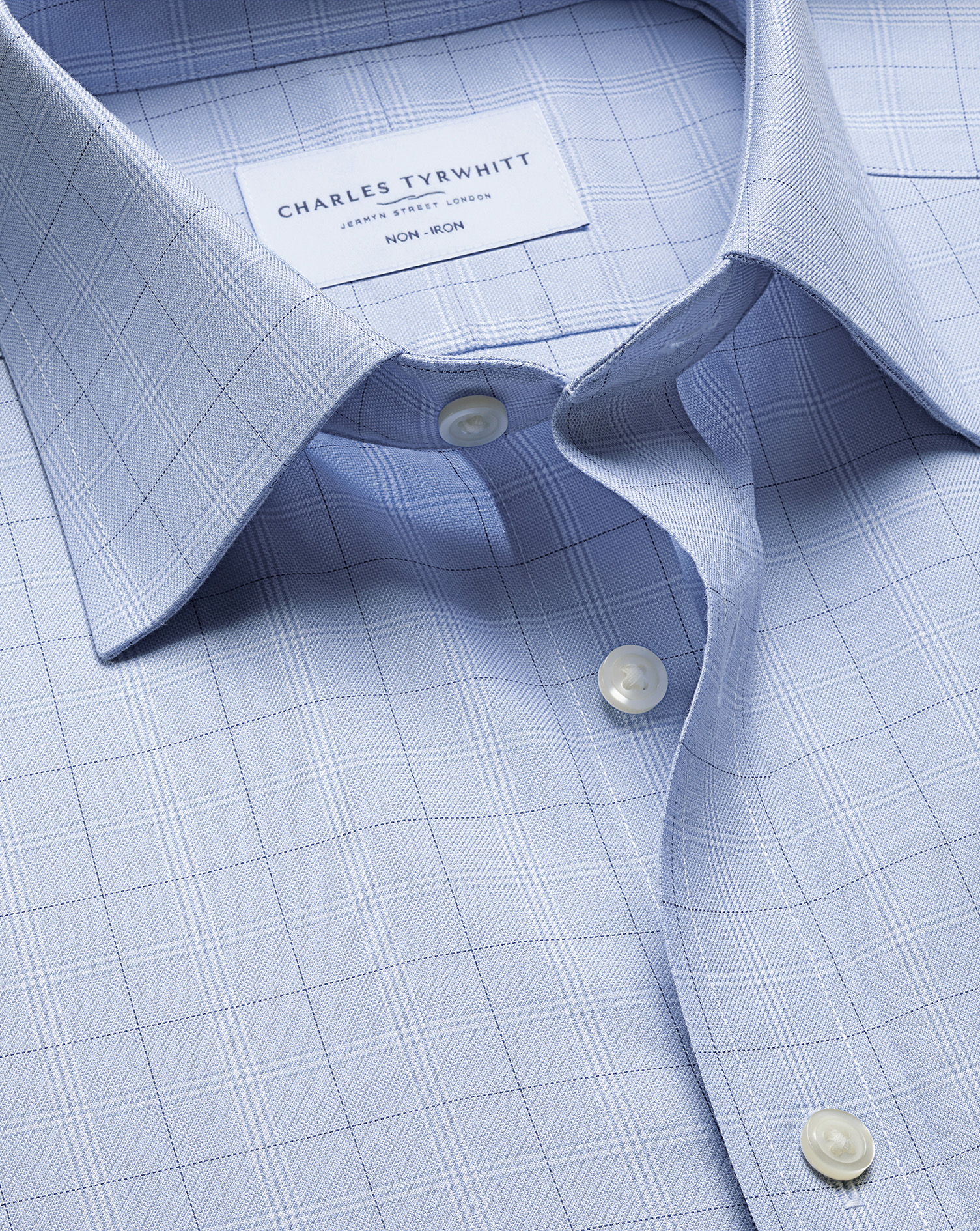 Men's Charles Tyrwhitt Non-Iron Twill Checkered Dress Shirt â Mid Blue Single Cuff Size 15.5/33 Cotton