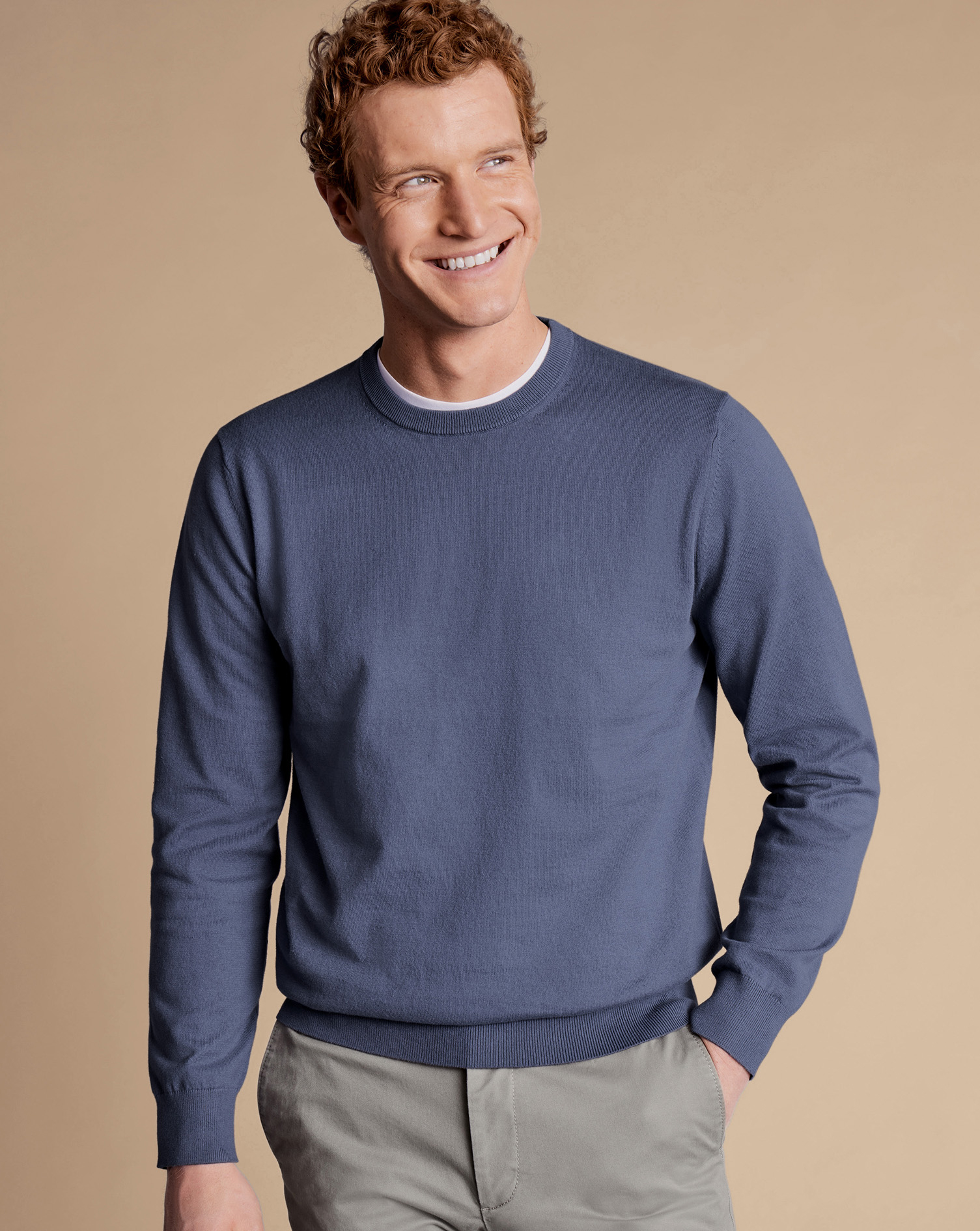 Men's Charles Tyrwhitt Combed Crew Neck Sweater - Heather Blue Size XXXL Cotton
