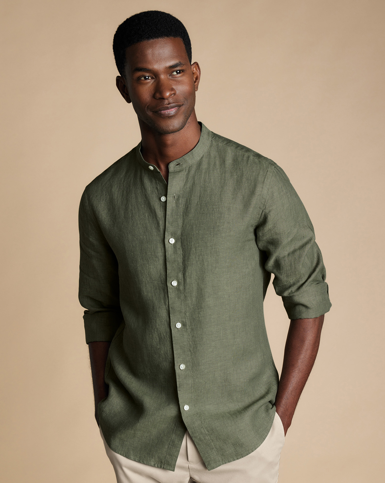 Men's Charles Tyrwhitt Collarless Pure Casual Shirt - Olive Green Size Medium Linen
