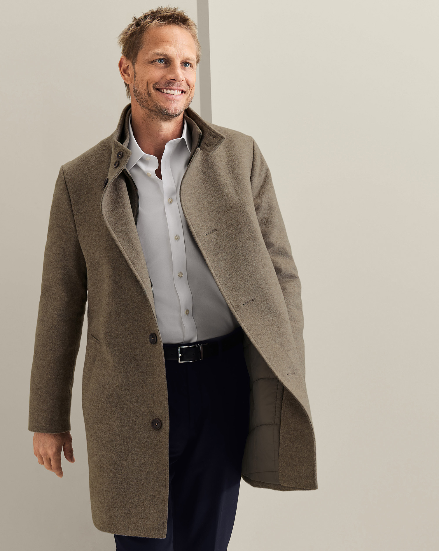 Men's Charles Tyrwhitt Fine Merino Funnel Neck Overna coat - Oatmeal Neutral Size 48R Wool