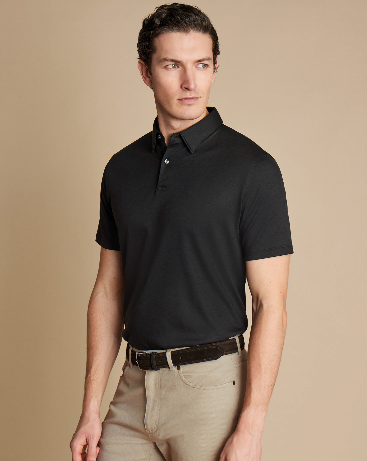 Men's Charles Tyrwhitt Smart Jersey Polo Shirt - Black Size Large Cotton
