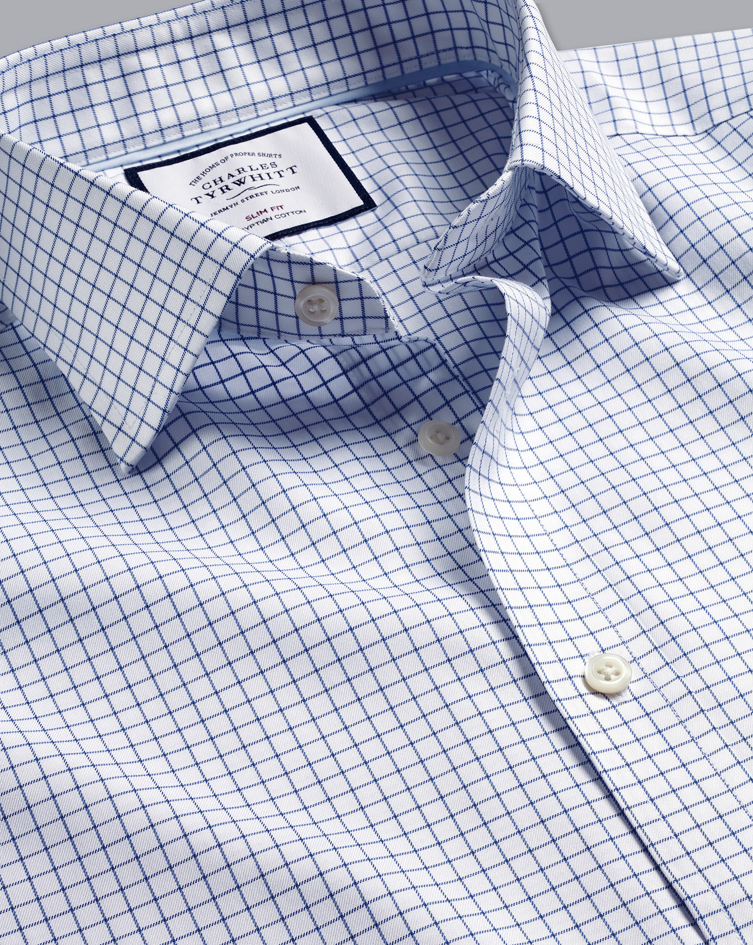 Semi-Cutaway Collar Egyptian Cotton Twill Check Dress Shirt - Royal Blue French Cuff Size Large
