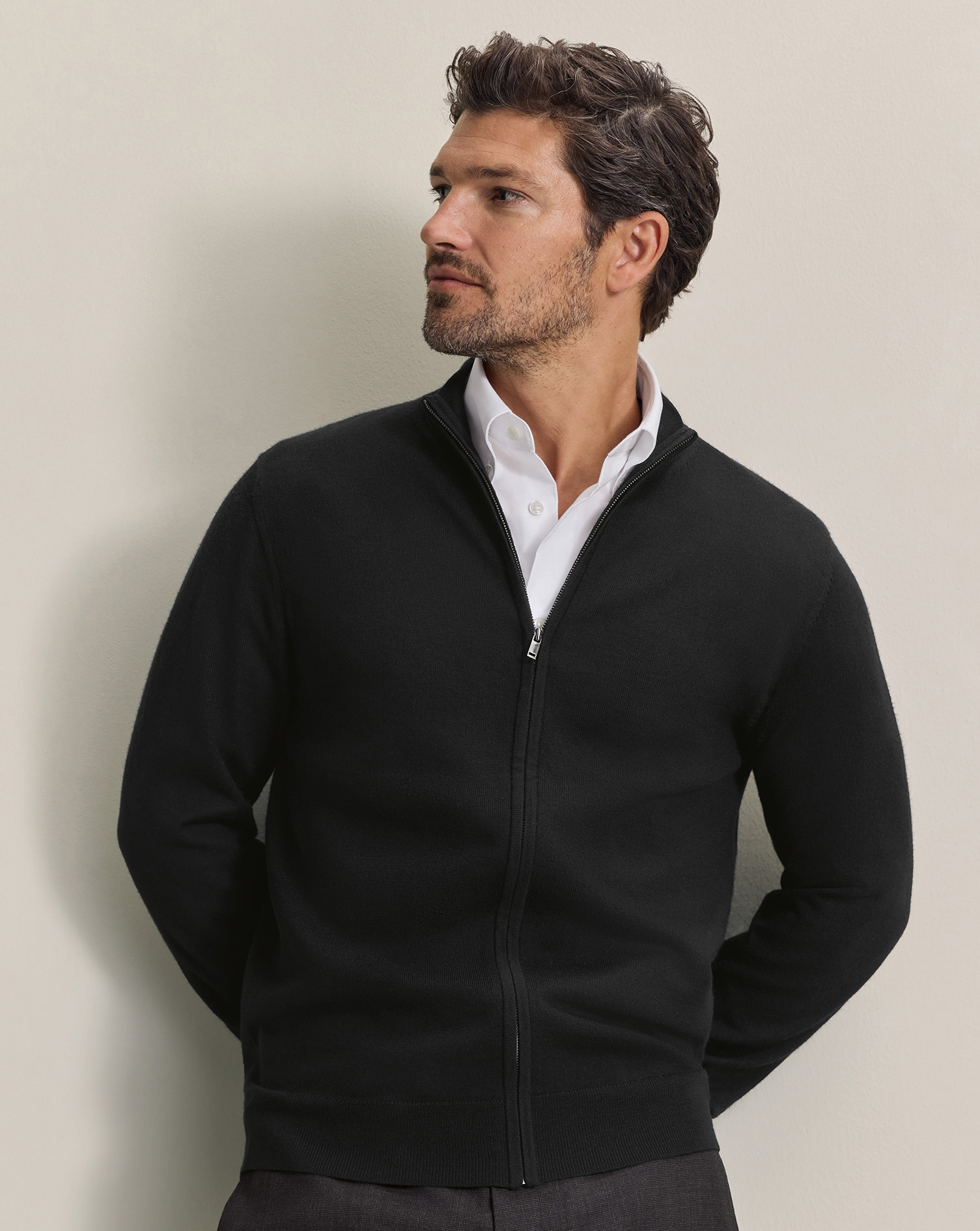 Pure Merino Full Zip Through Cardigan - Black | Charles Tyrwhitt US
