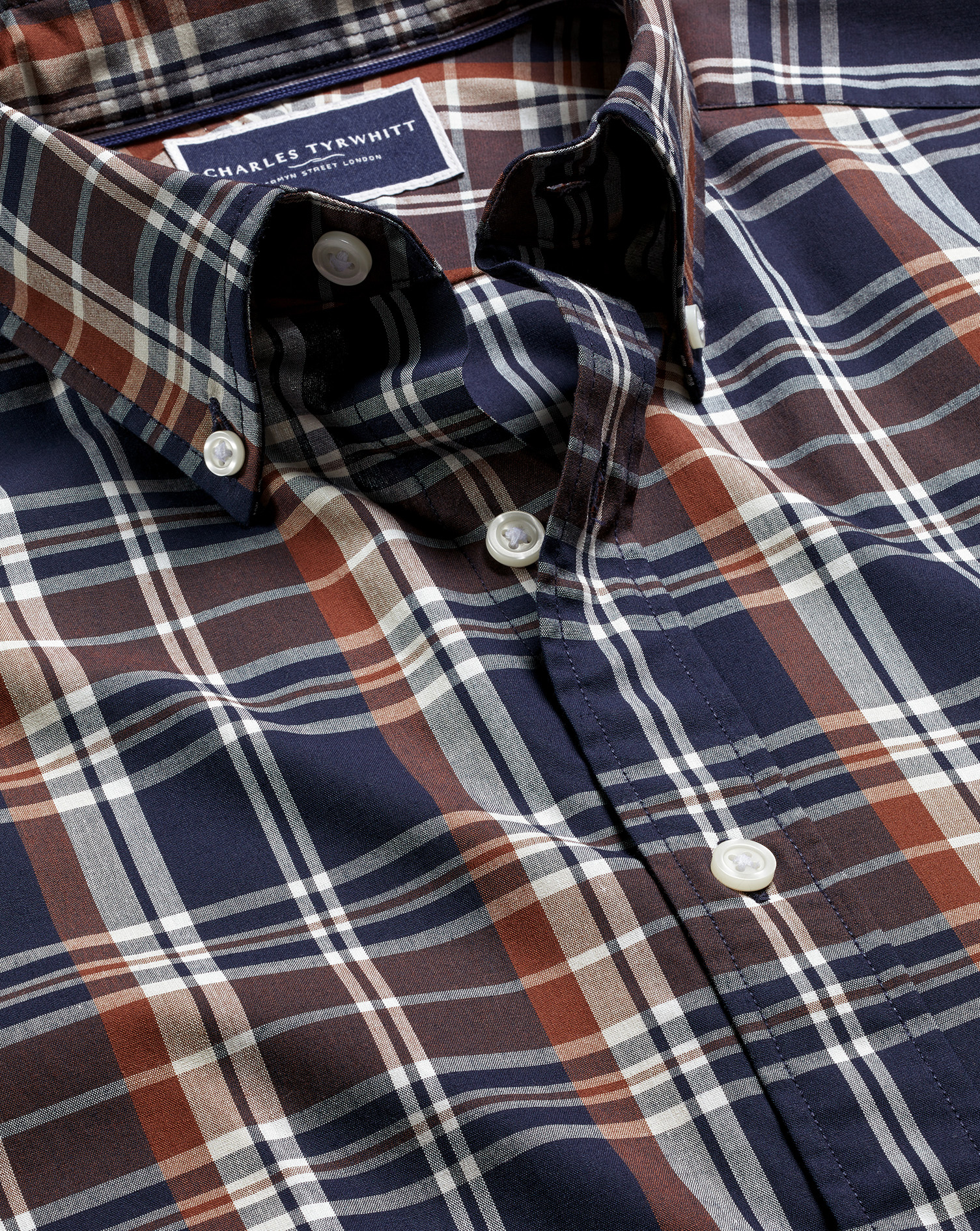 Charles Tyrwhitt Men's  Button-down Collar Non-iron Stretch Poplin Plaid Check Casual Shirt In Brown