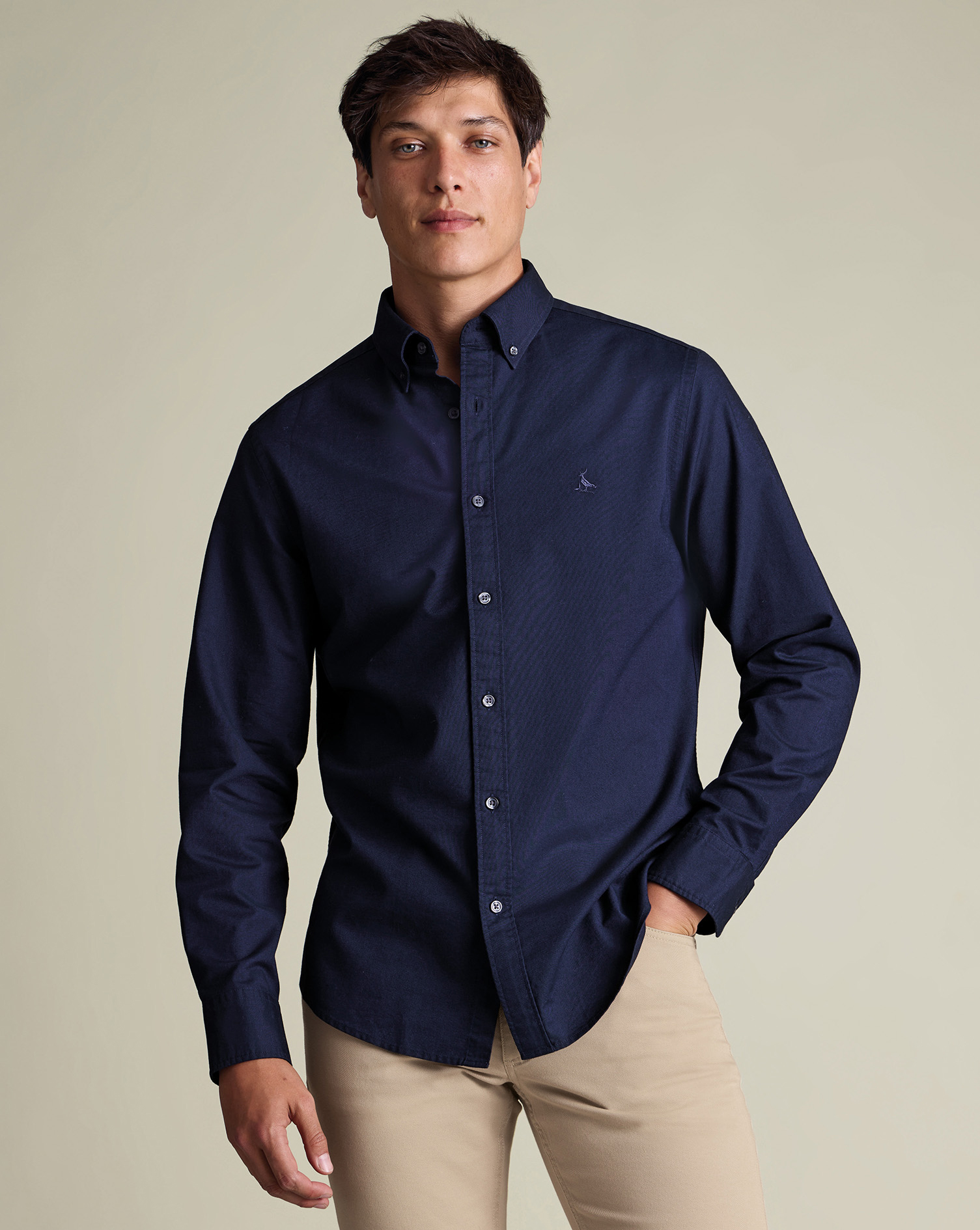 Men's Stretch Washed Oxford Cotton Shirt - Dark Blue, XS by Charles Tyrwhitt