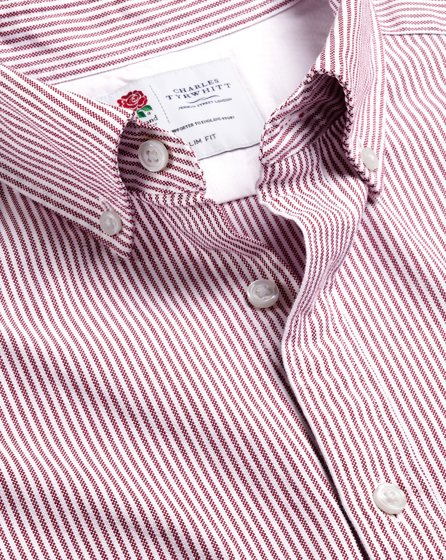 Men's Charles Tyrwhitt England Rugby Button-Down Collar Washed Oxford Stripe Shirt - Wine Red Single