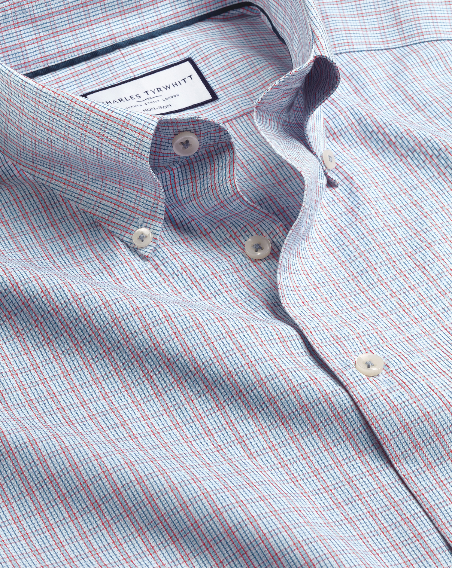 Men's Charles Tyrwhitt Button-Down Collar Non-Iron Oxford Check Dress Shirt - Red Single Cuff Size S