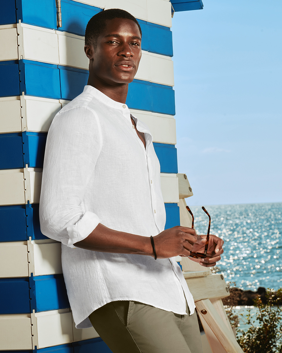 Men's Collarless Pure Linen Shirt - White, Medium by Charles Tyrwhitt