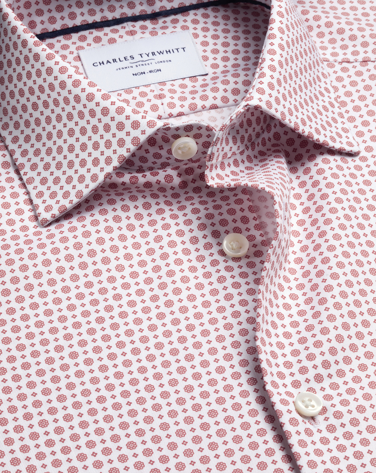 Men's Charles Tyrwhitt Non-Iron Stretch Print Shirt - White & Red Single Cuff Pink Size 15.5/34 Cotton