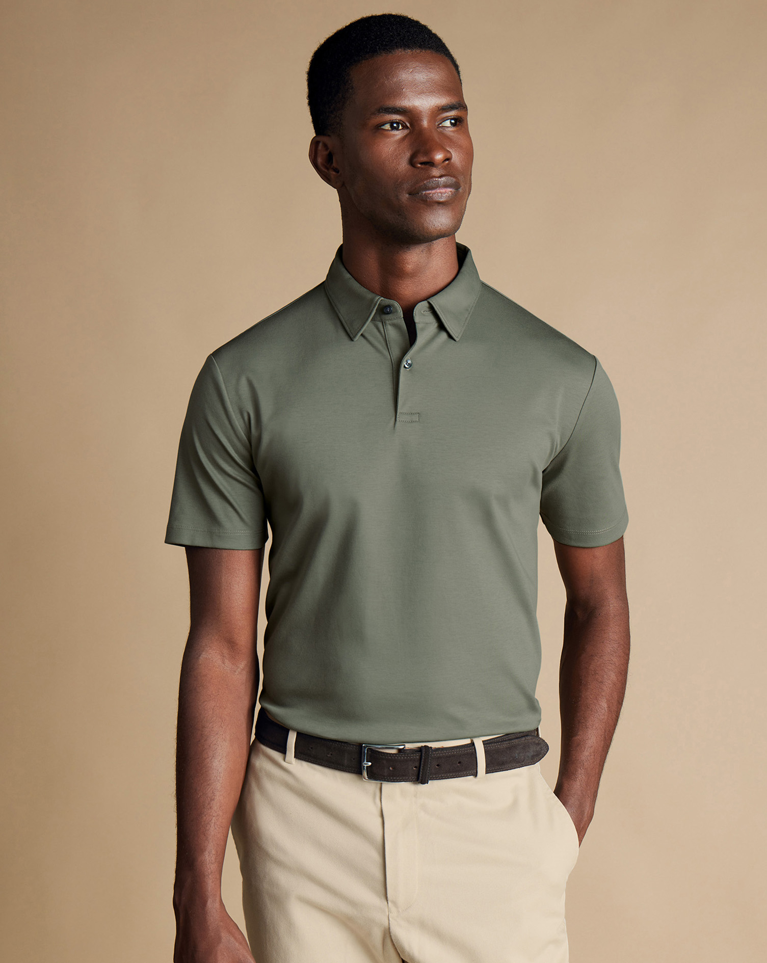 Men's Charles Tyrwhitt Smart Jersey Polo Shirt - Sage Green Size Large Cotton
