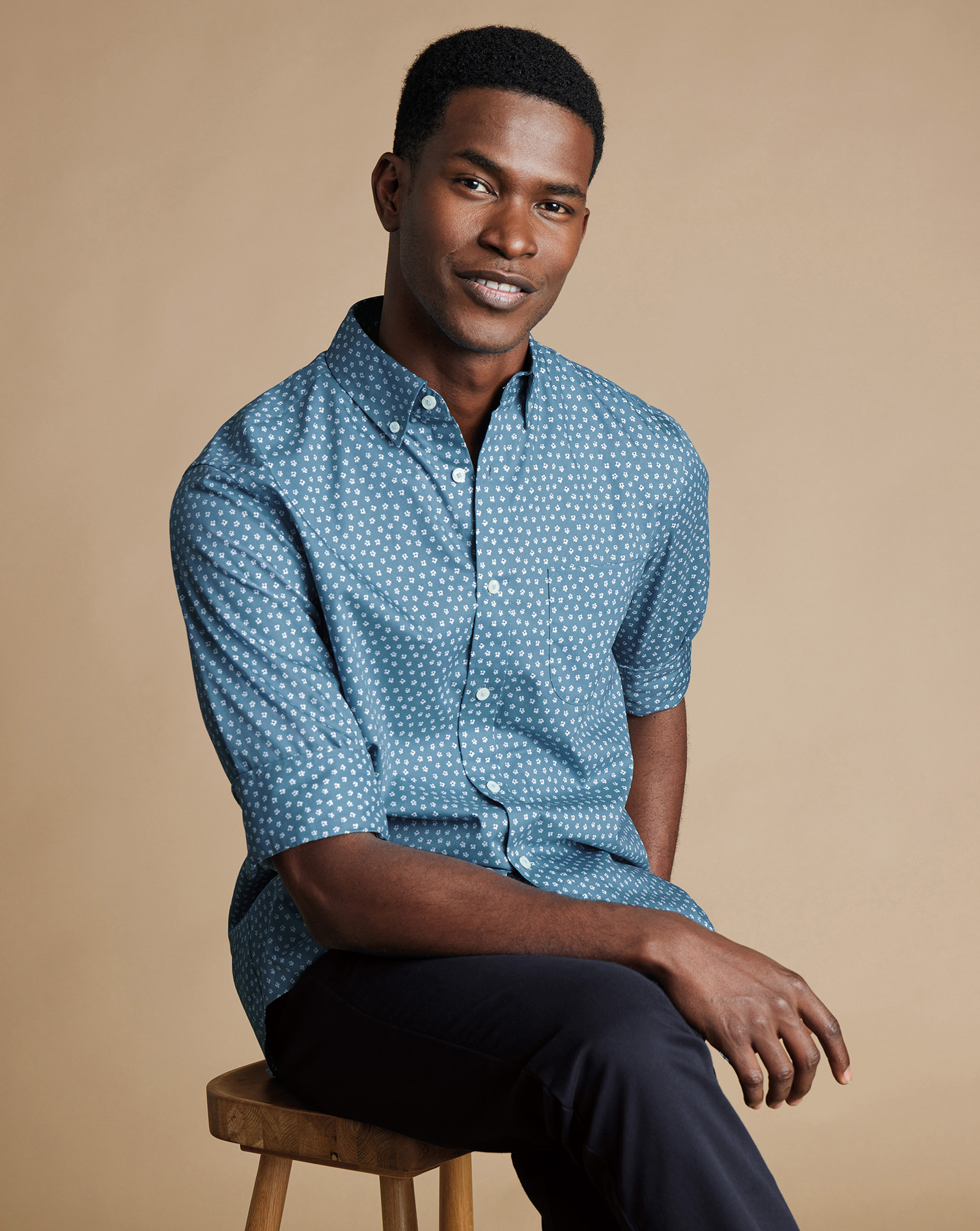Men's Charles Tyrwhitt Button-Down Collar Non-Iron Stretch Floral Print Casual Shirt - Mid Blue Size