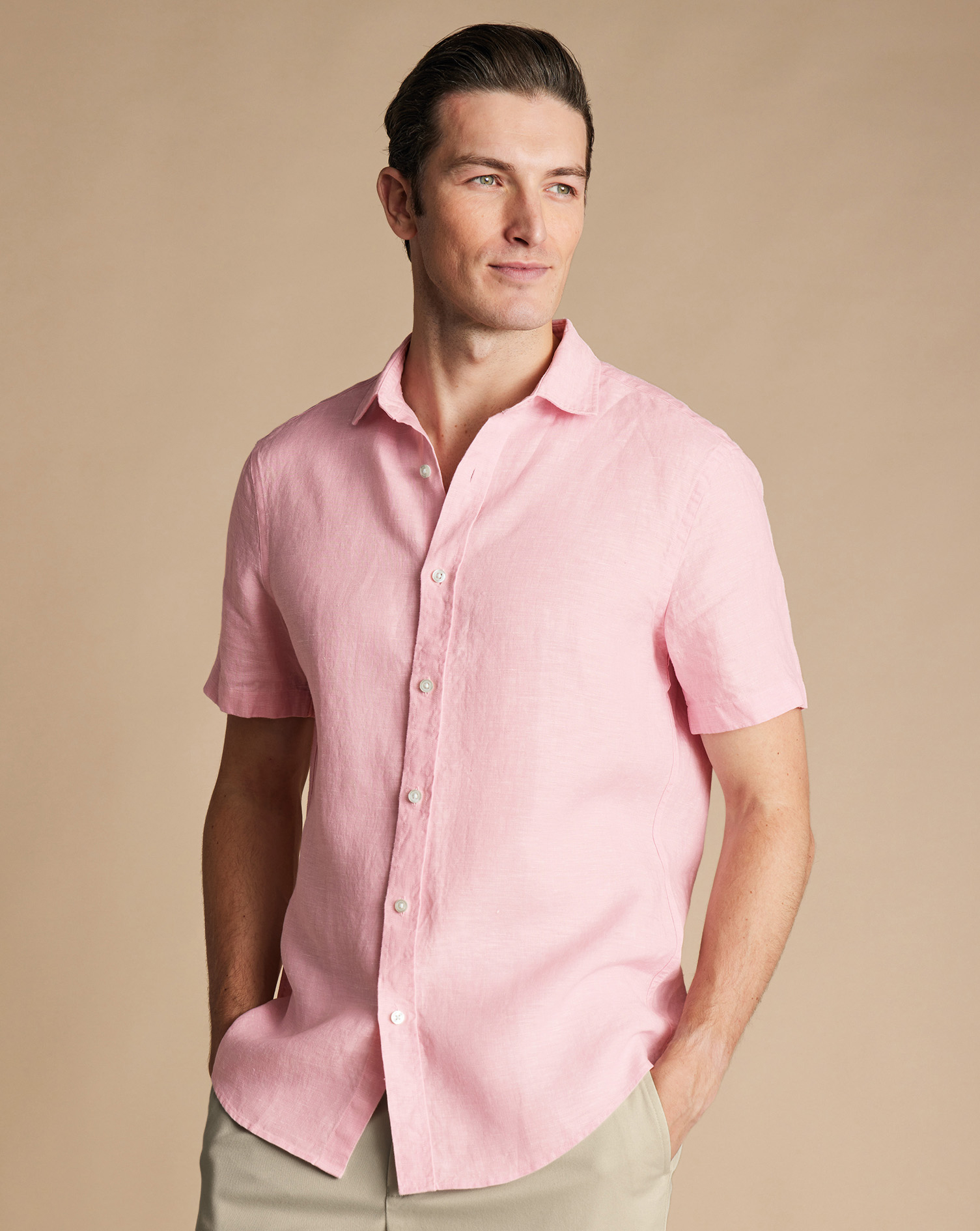 Men's Charles Tyrwhitt Pure Casual Shirt Short Sleeve - Pink Size XXL Linen
