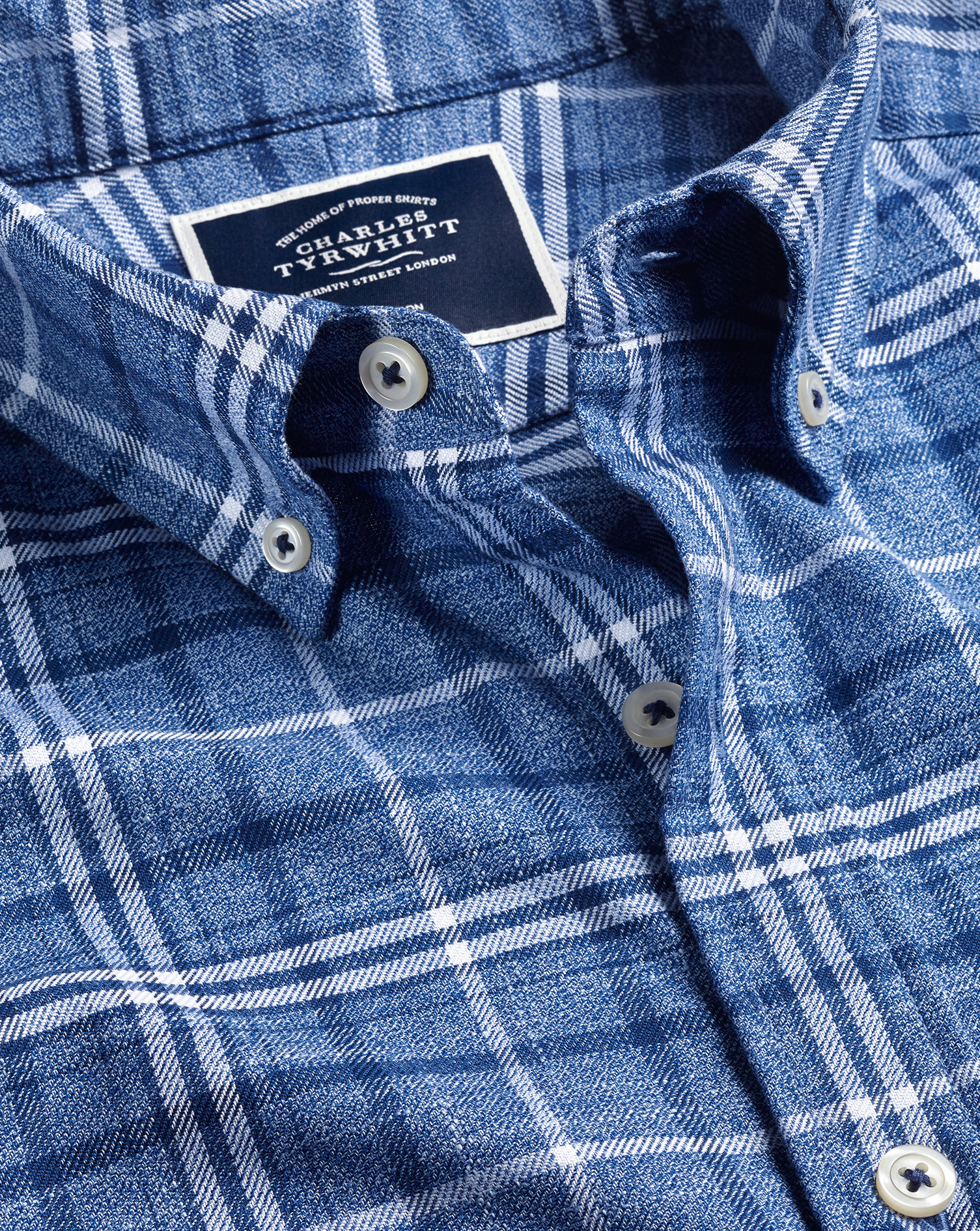 Men's Charles Tyrwhitt Button-Down Collar Non-Iron Twill Large Check Casual Shirt - Indigo Blue Sing