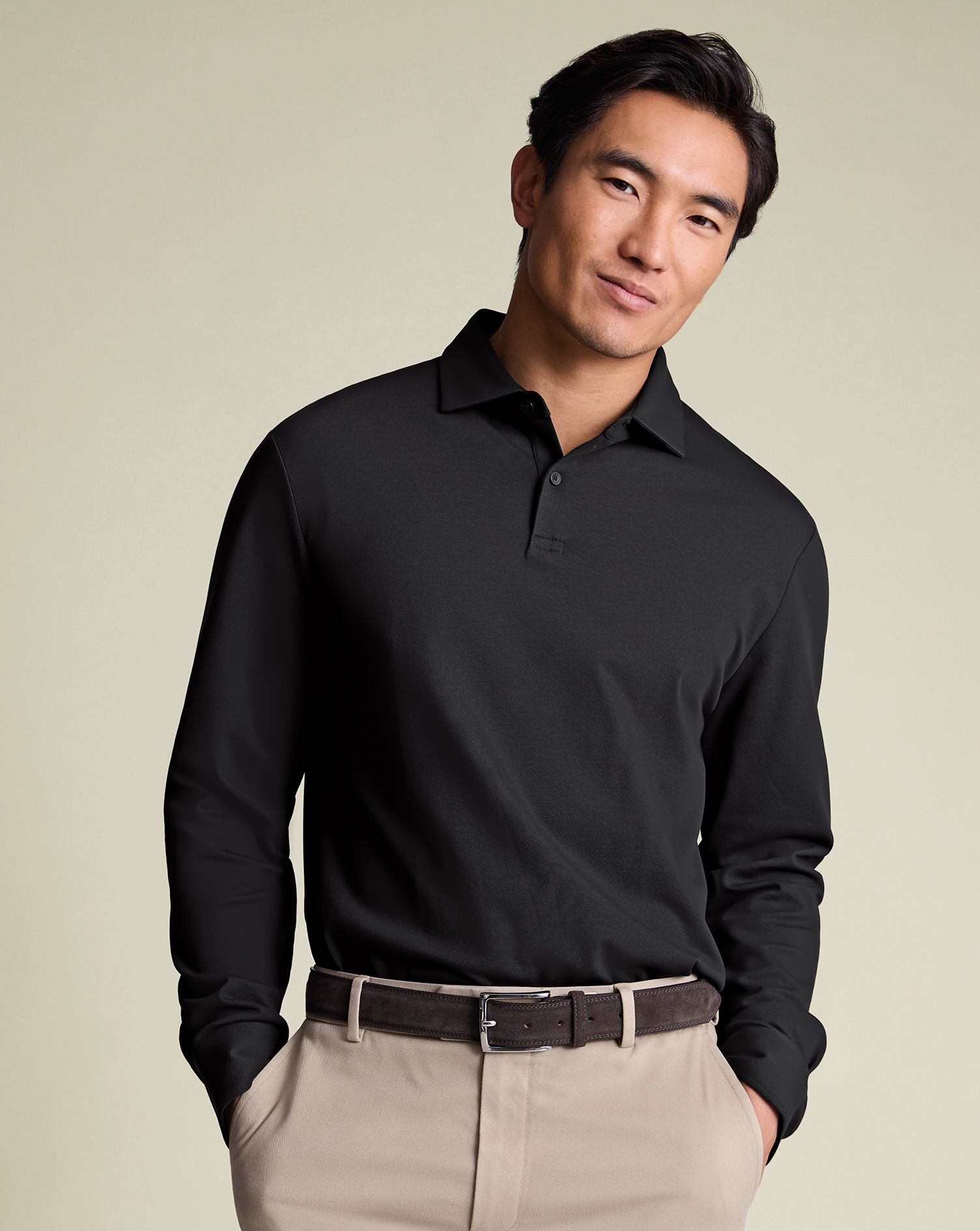 Charles Tyrwhitt Smartes langärmeliges Piqué-Polo - Schwarz