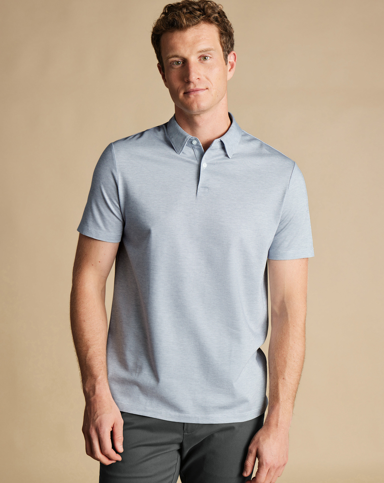 Men's Charles Tyrwhitt Cool Textured Polo Shirt - Light Blue Size Medium Cotton
