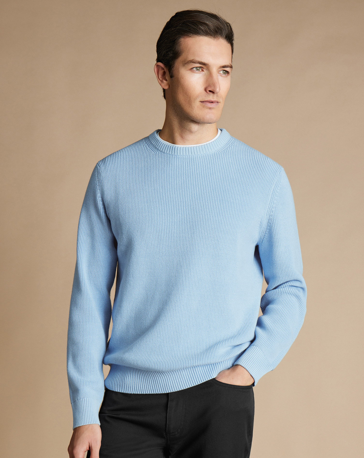 Men's Charles Tyrwhitt Rib Crew Neck Sweater - Sky Blue Size XXXL Cotton
