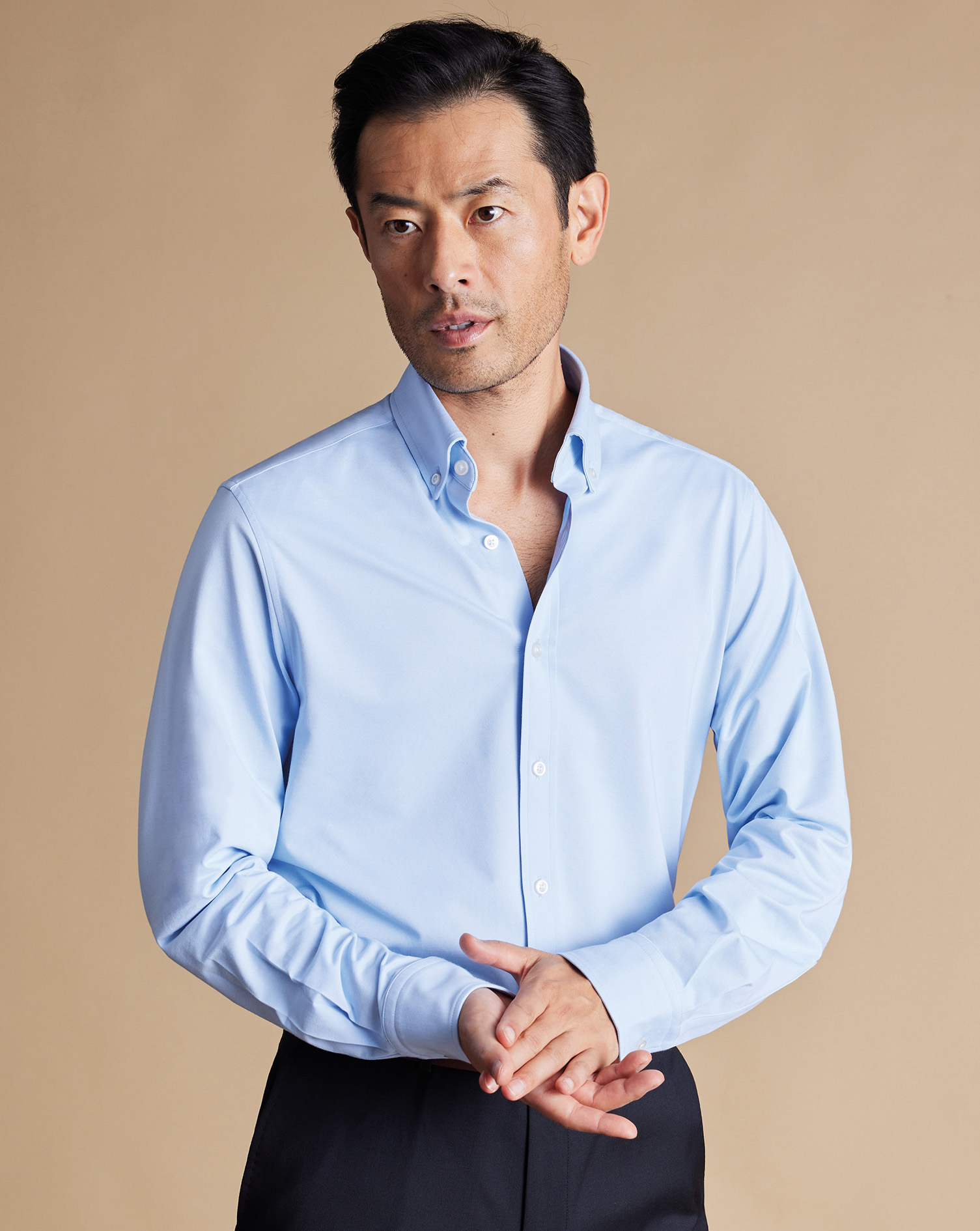 Men's Charles Tyrwhitt 4-Way Stretch Jersey Casual Shirt - Sky Blue Size Large Cotton
