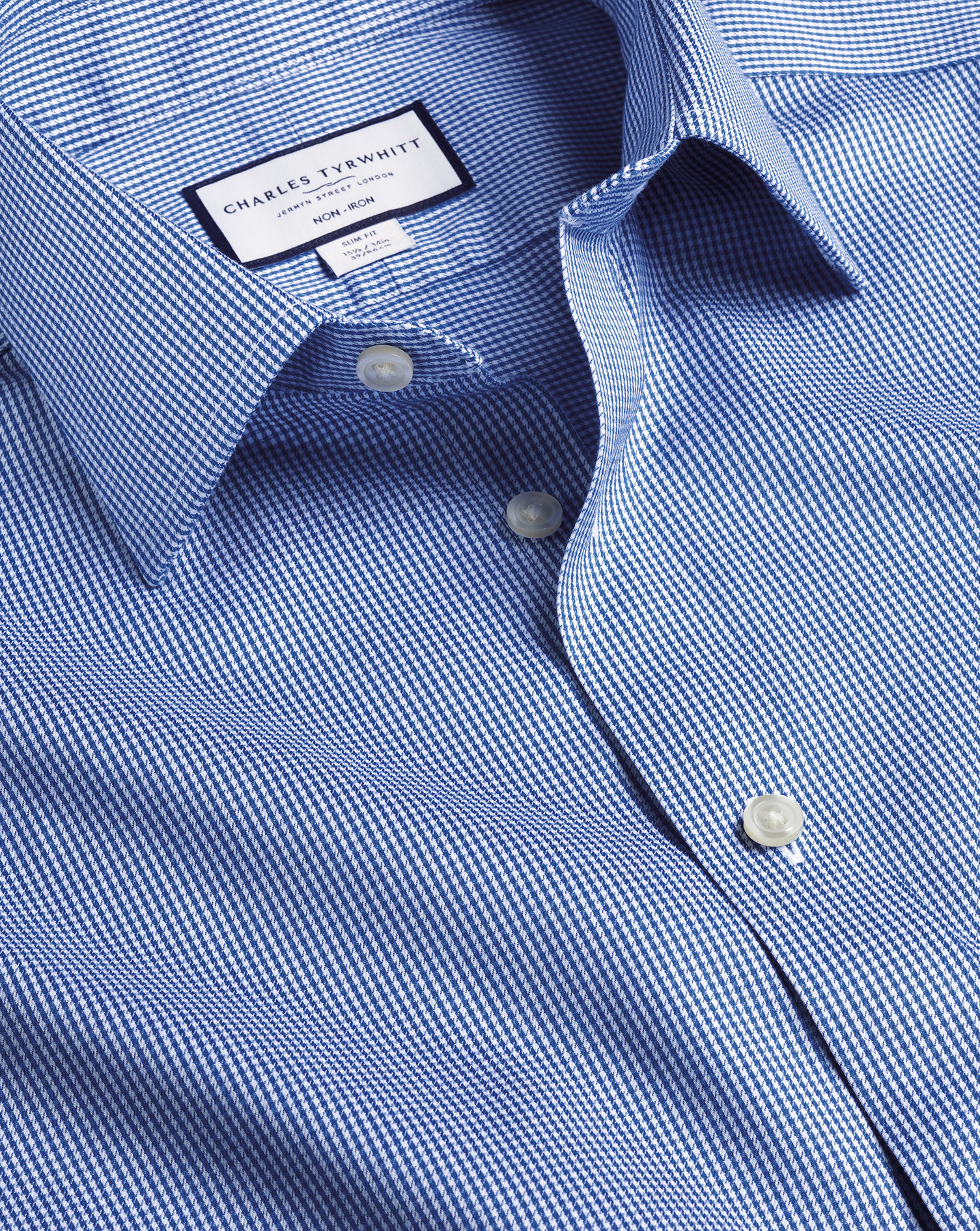 Men's Charles Tyrwhitt Non-Iron Puppytooth Dress Shirt - Royal Blue Single Cuff Size Small Cotton
