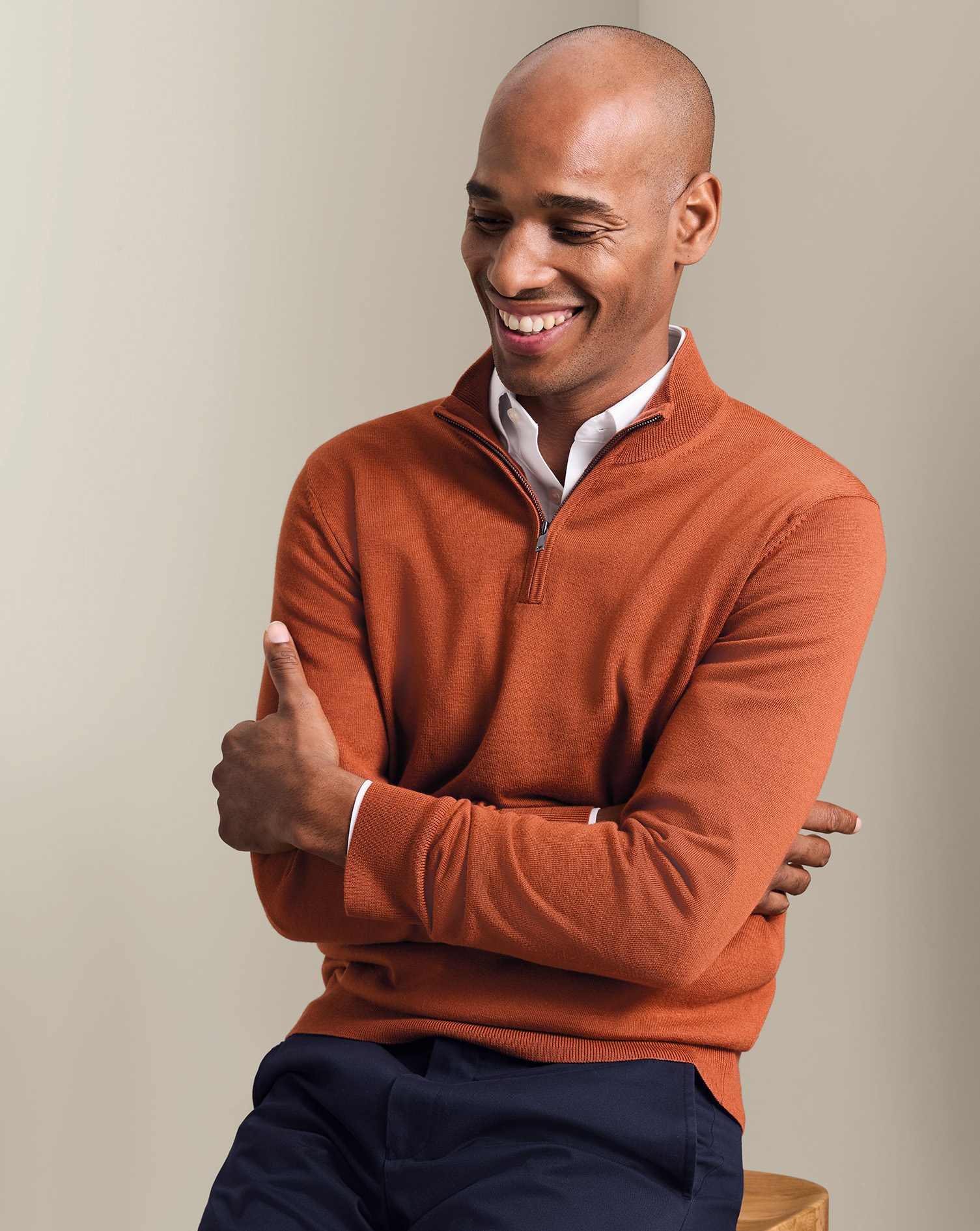 Men's Pure Merino Quarter Zip Wool Jumper - Orange, Small by Charles Tyrwhitt