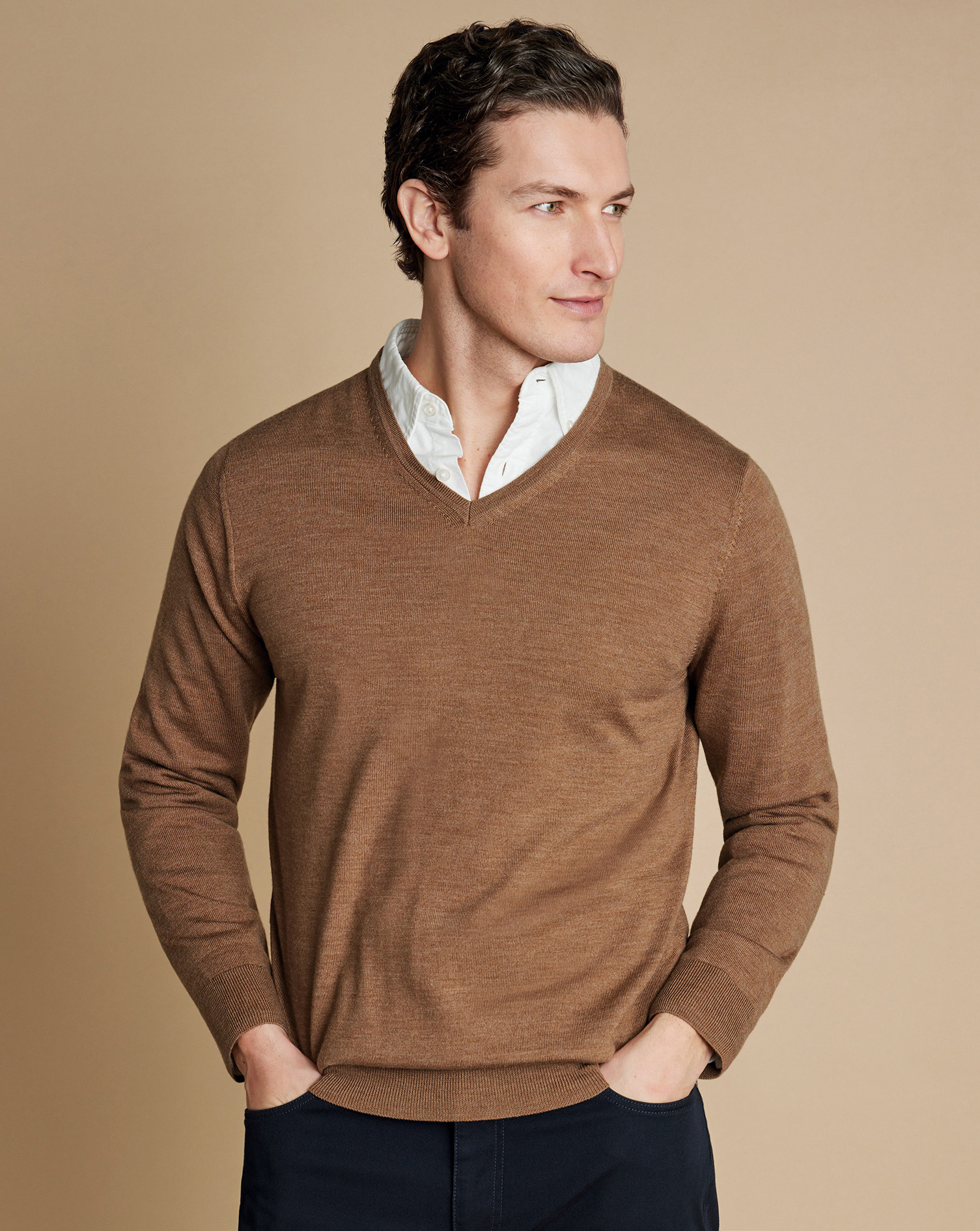 Men's Charles Tyrwhitt Merino V-Neck Sweater - Sand Brown Neutral Size Large Wool
