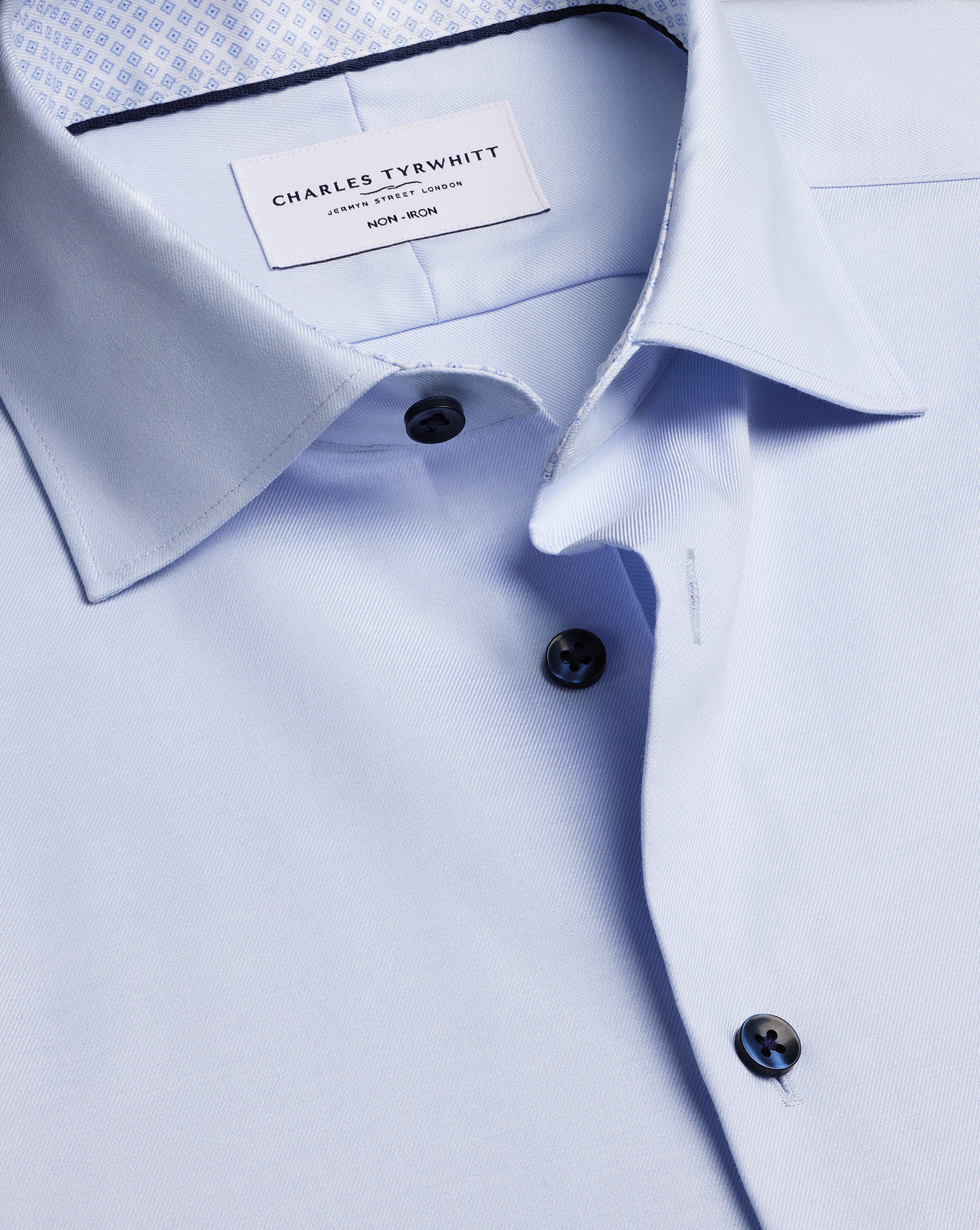Men's Charles Tyrwhitt Non-Iron Stretch Printed Trim Shirt - Sky Blue Single Cuff Size 15.5/36 Cotton