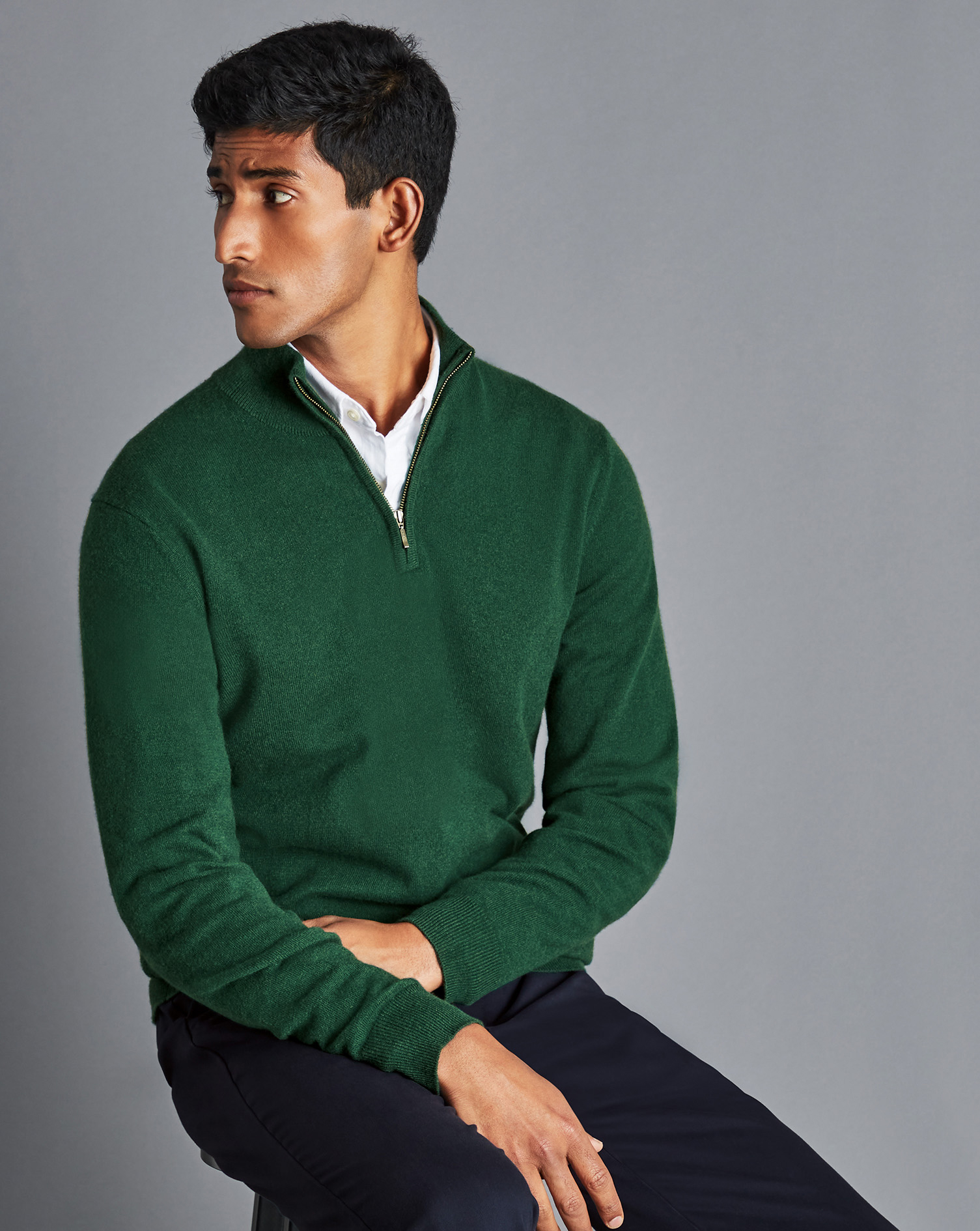 Men's Charles Tyrwhitt Zip Neck Sweater - Dark Green Size Medium Cashmere
