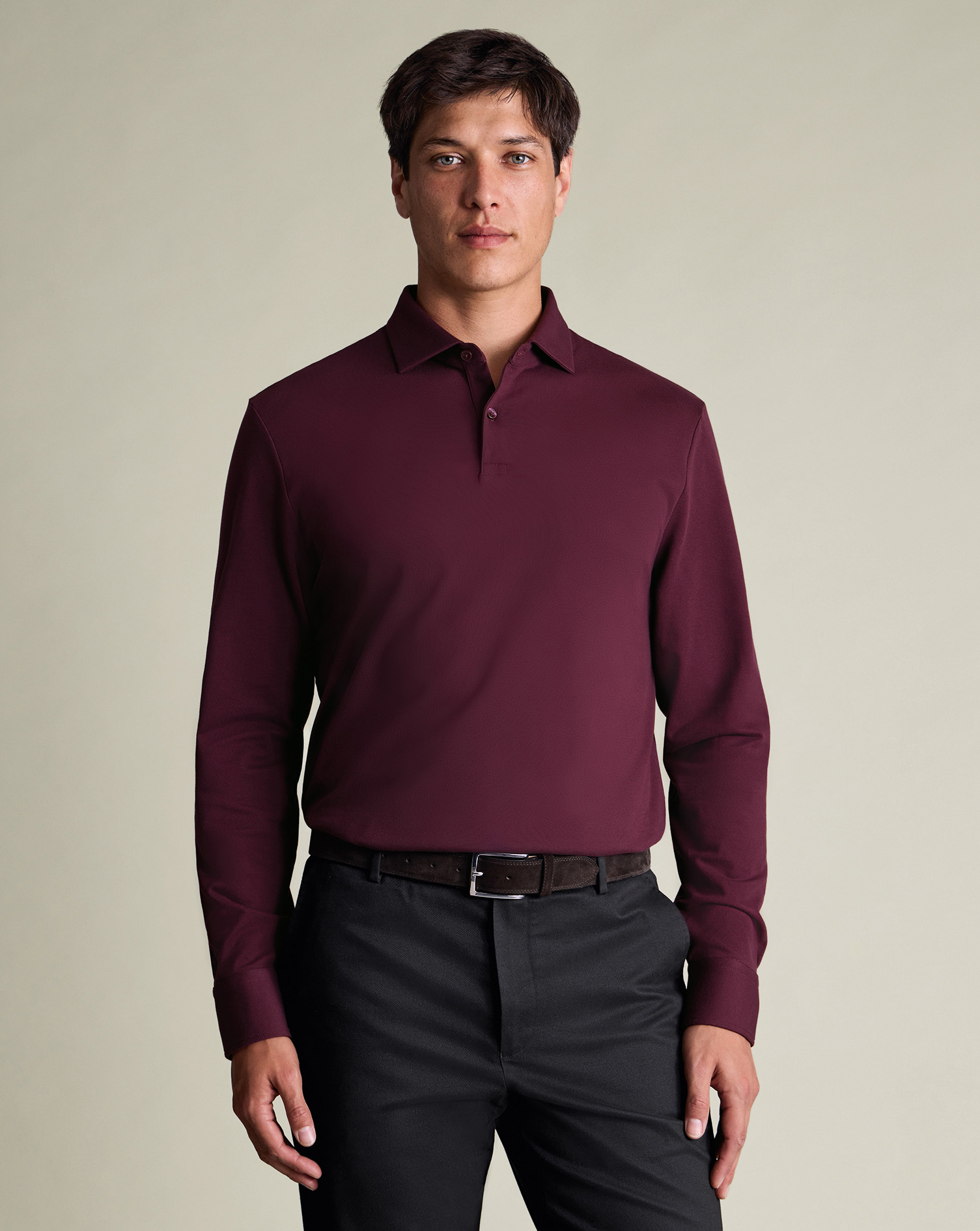 メンズウェア TFW49 25FW NOCOLLAR POLO WINE L Long Sleeve Smart Pique Polo - Wine Red | Charles Tyrwhitt US