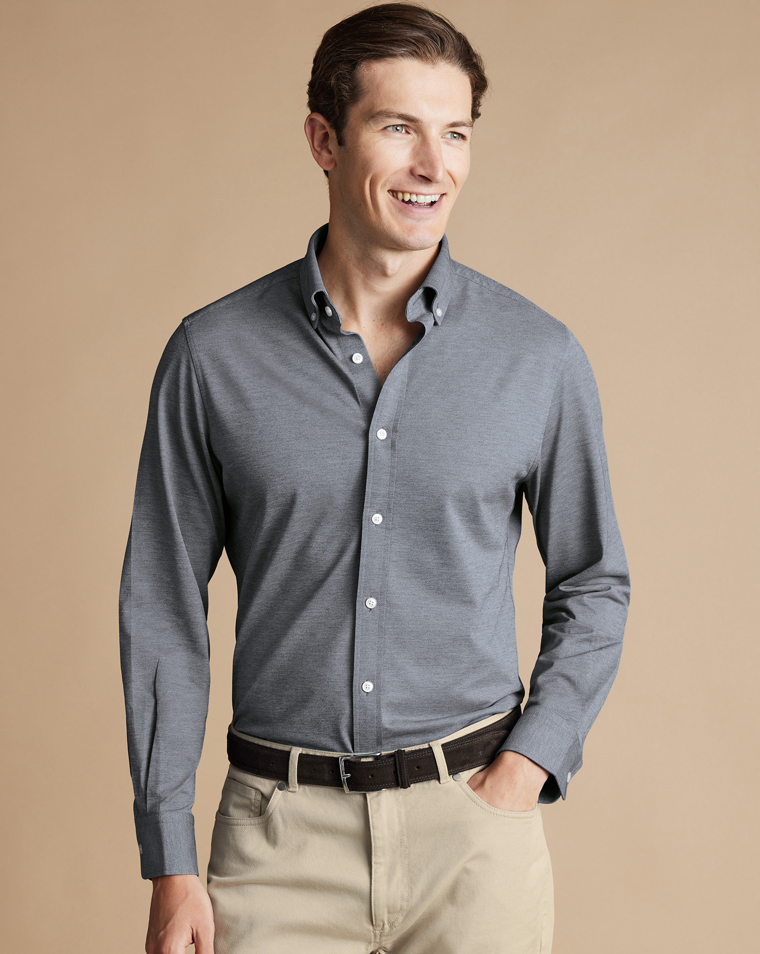 Men's Charles Tyrwhitt 4-Way Stretch Jersey Casual Shirt - Flint Grey Size XXL Cotton
